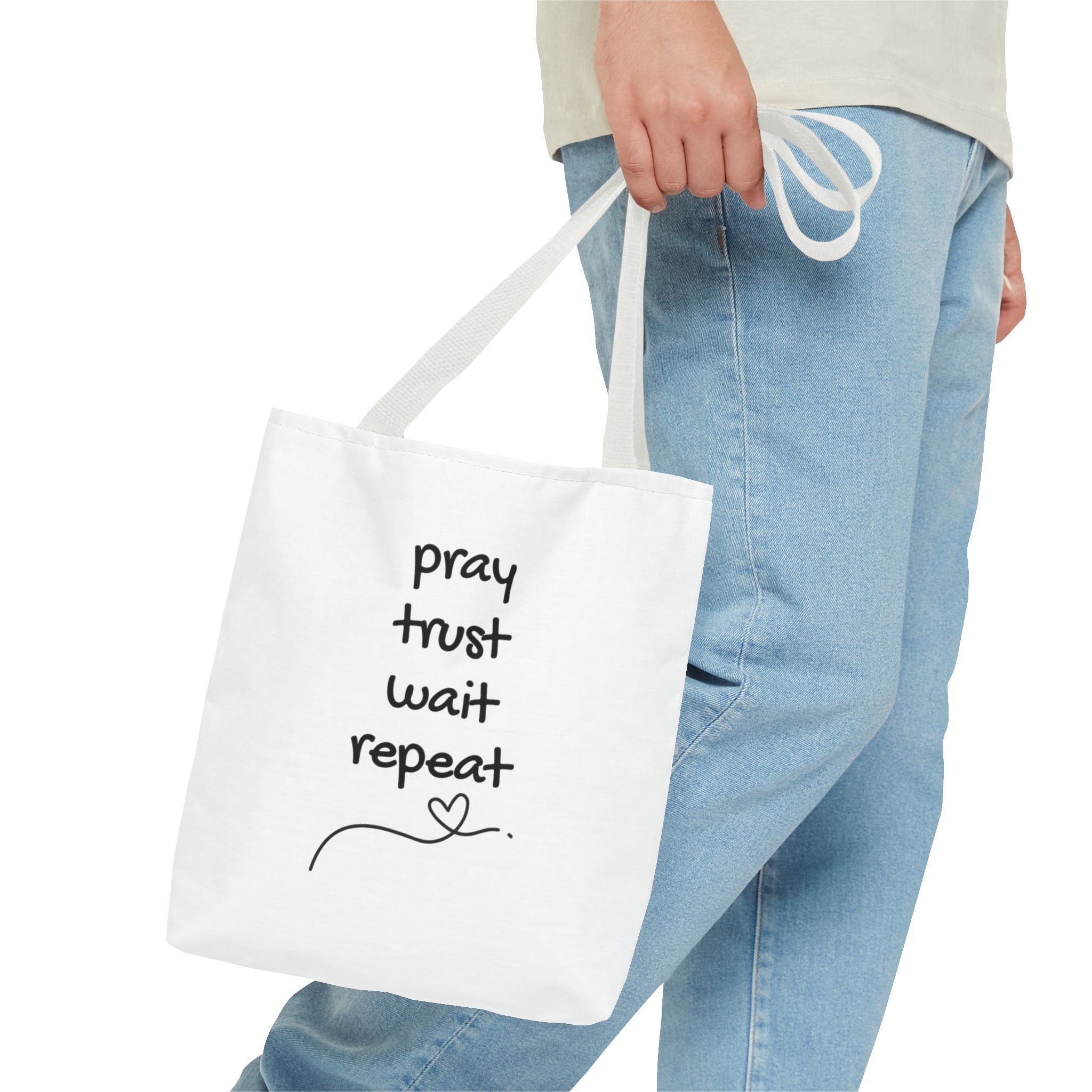 Pray Trust Wait Repeat Tote Bag — Inspirational Faith Canvas Tote