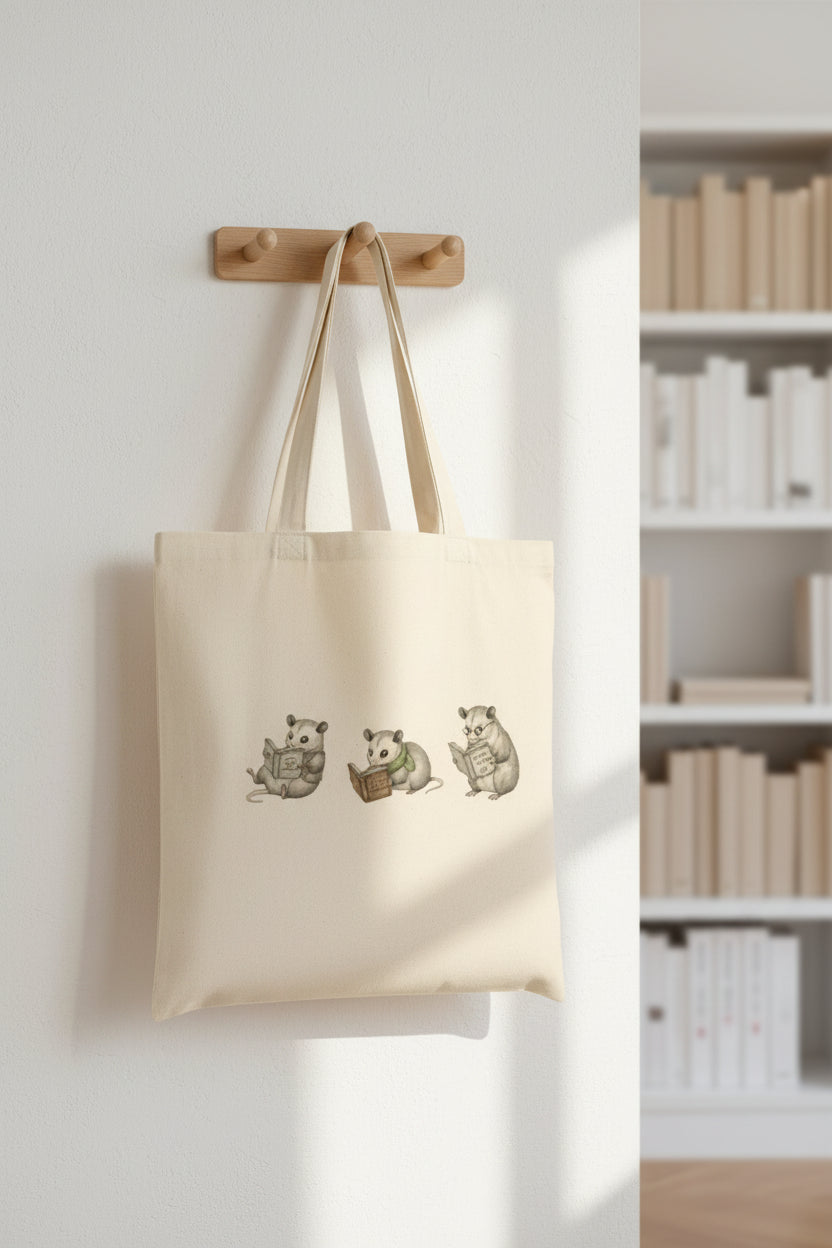 Possum Reading Trio Canvas Tote Bag — Cute Woodland Possum Booklover Grocery Bag