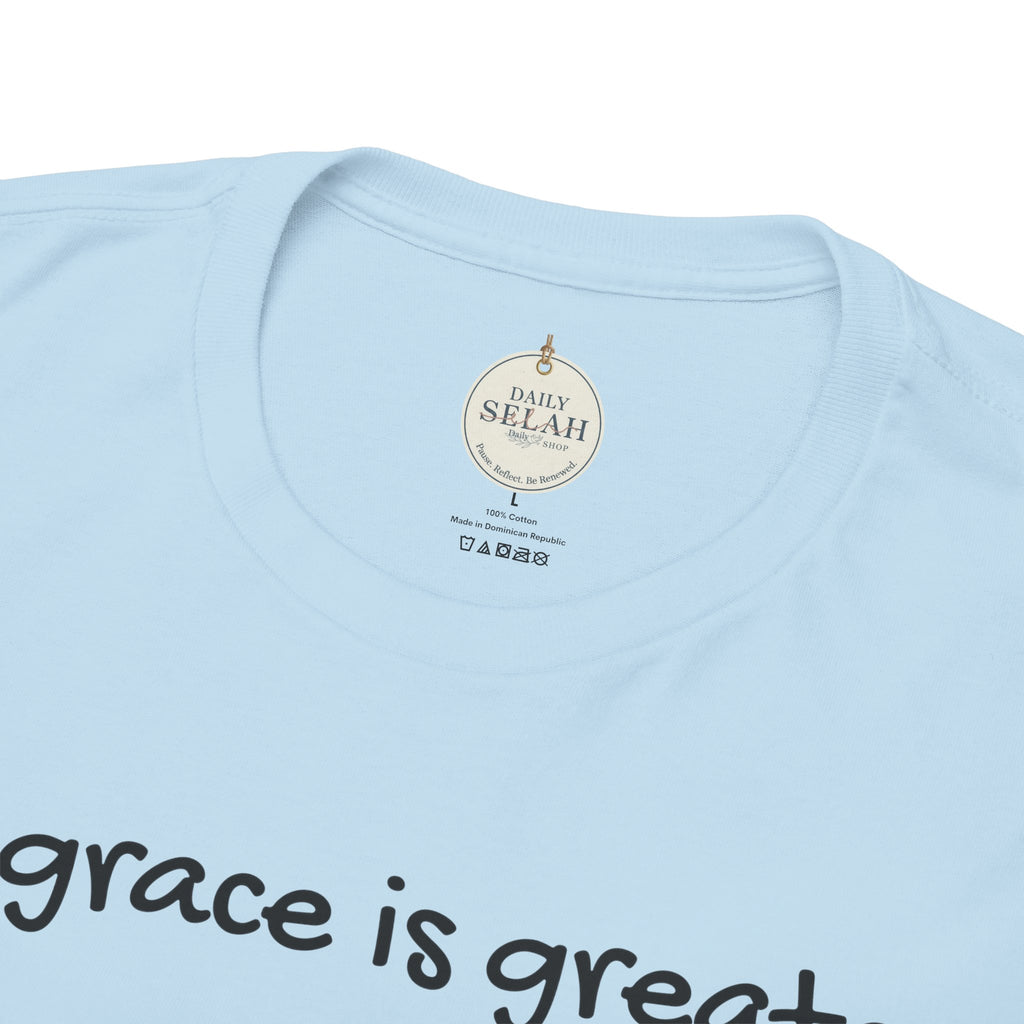 Christian T‑Shirt — "His grace is greater than your past." (Romans 5:20)