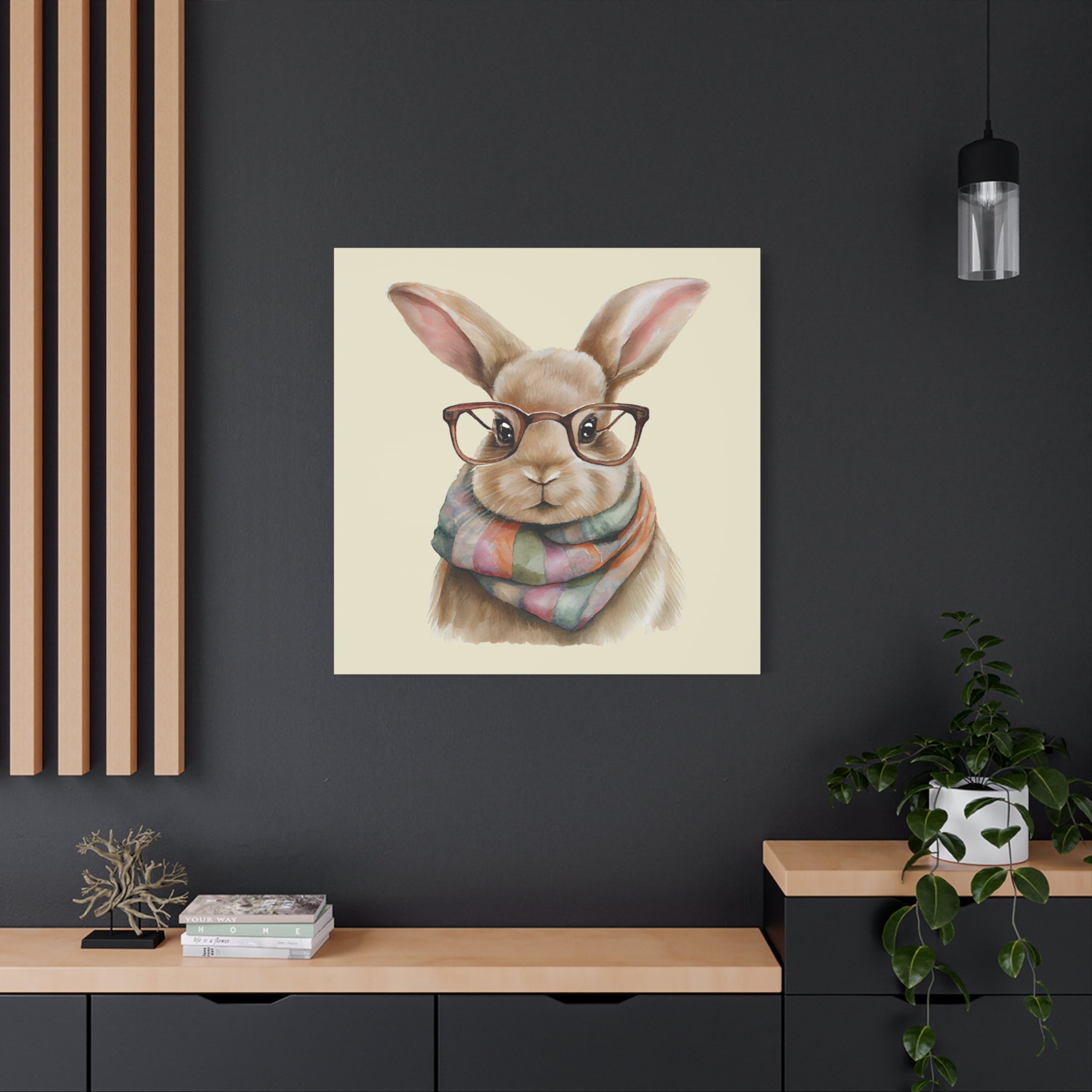 Hipster Bunny Canvas Art – Bunny with Glasses & Colorful Scarf Matte Stretched Wall Decor