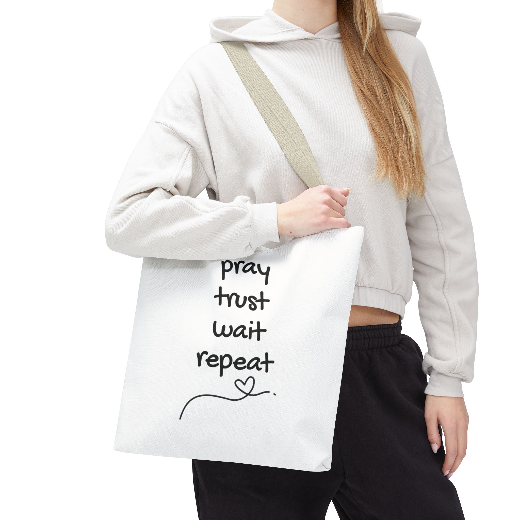 Pray Trust Wait Repeat Tote Bag — Inspirational Faith Canvas Tote