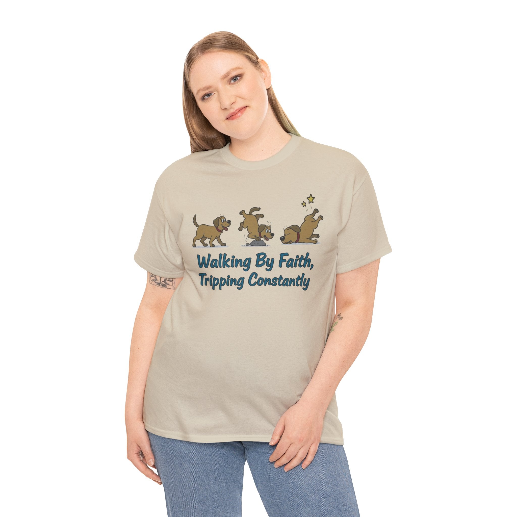 Faith Dog T-Shirt — "Walking By Faith, Tripping Constantly" Cute Christian Tee