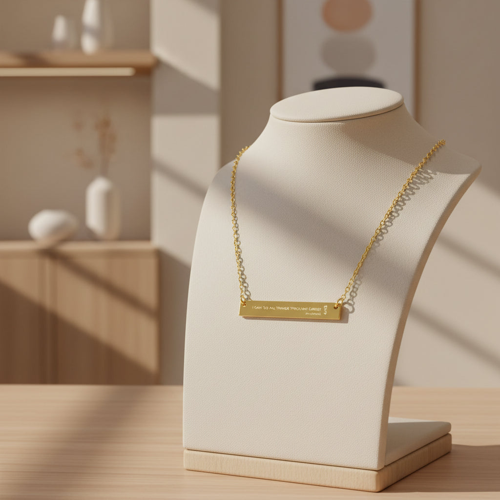 Philippians 4:13 All things through Christ Horizontal Bar Necklace – Name & Message Pendant