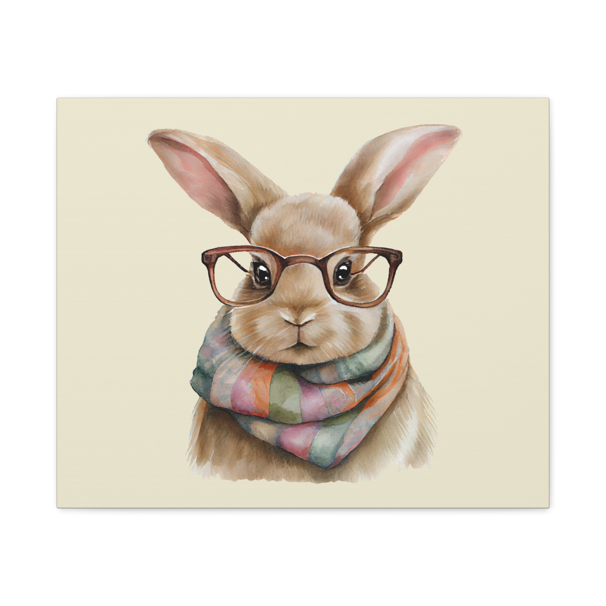 Hipster Bunny Canvas Art – Bunny with Glasses & Colorful Scarf Matte Stretched Wall Decor