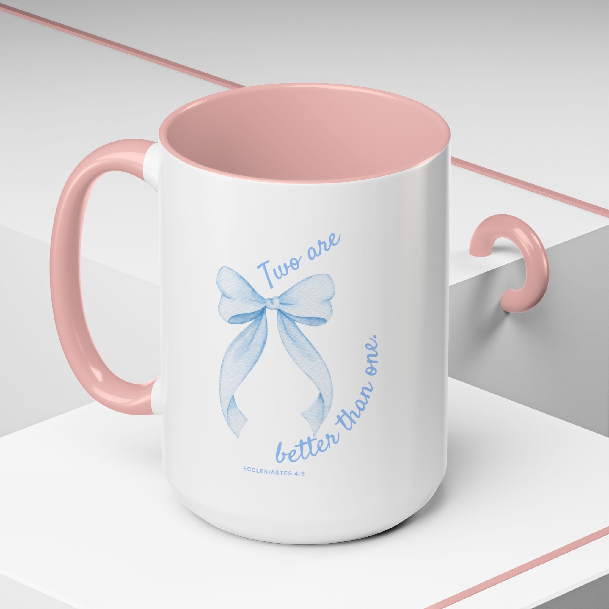 Accent Coffee Mug - "Two are better than one" Blue Ribbon Ceramic Mug Christian Wedding