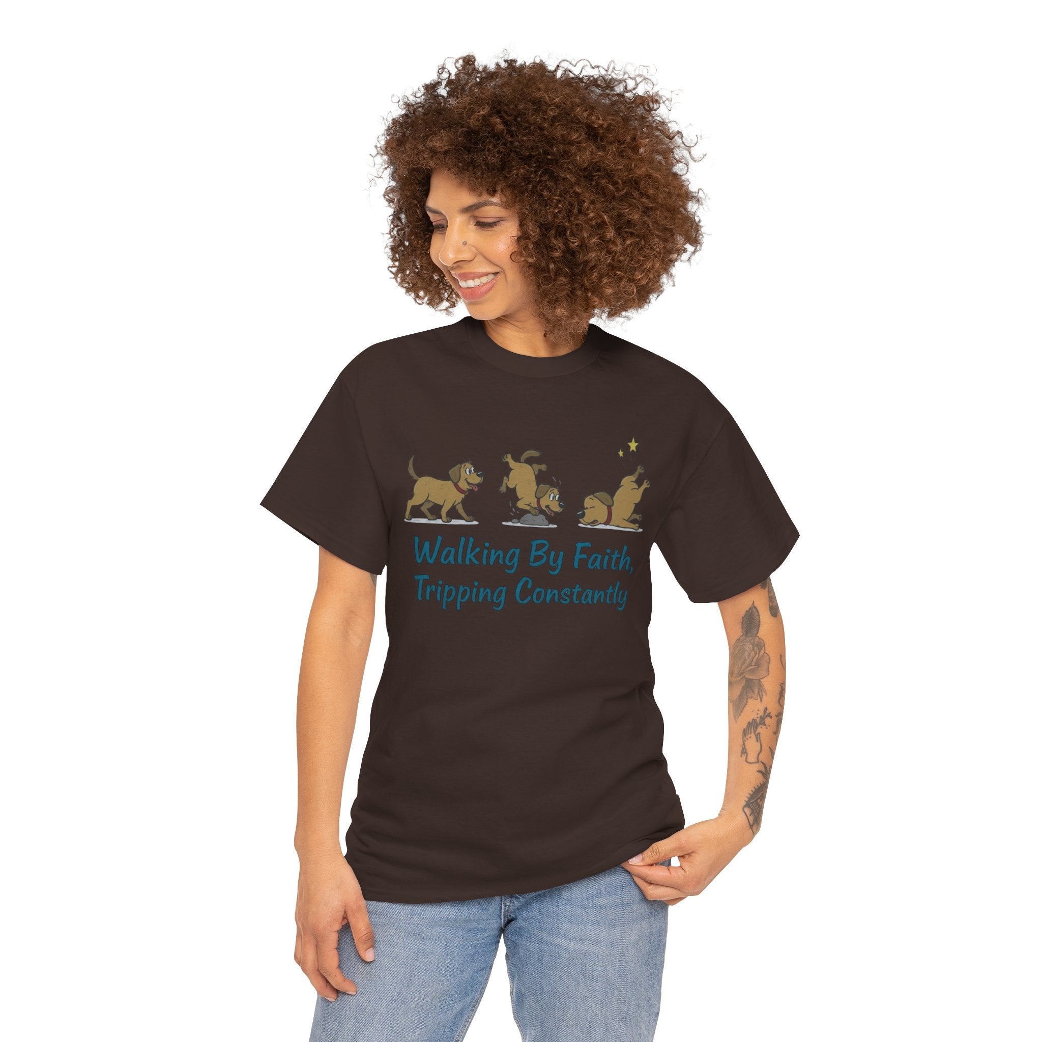 Faith Dog T-Shirt — "Walking By Faith, Tripping Constantly" Cute Christian Tee