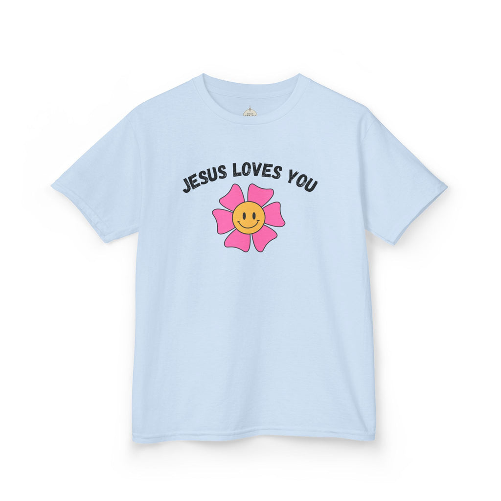 Kids T-Shirt — "Jesus Loves You" Smiley Flower Christian Tee