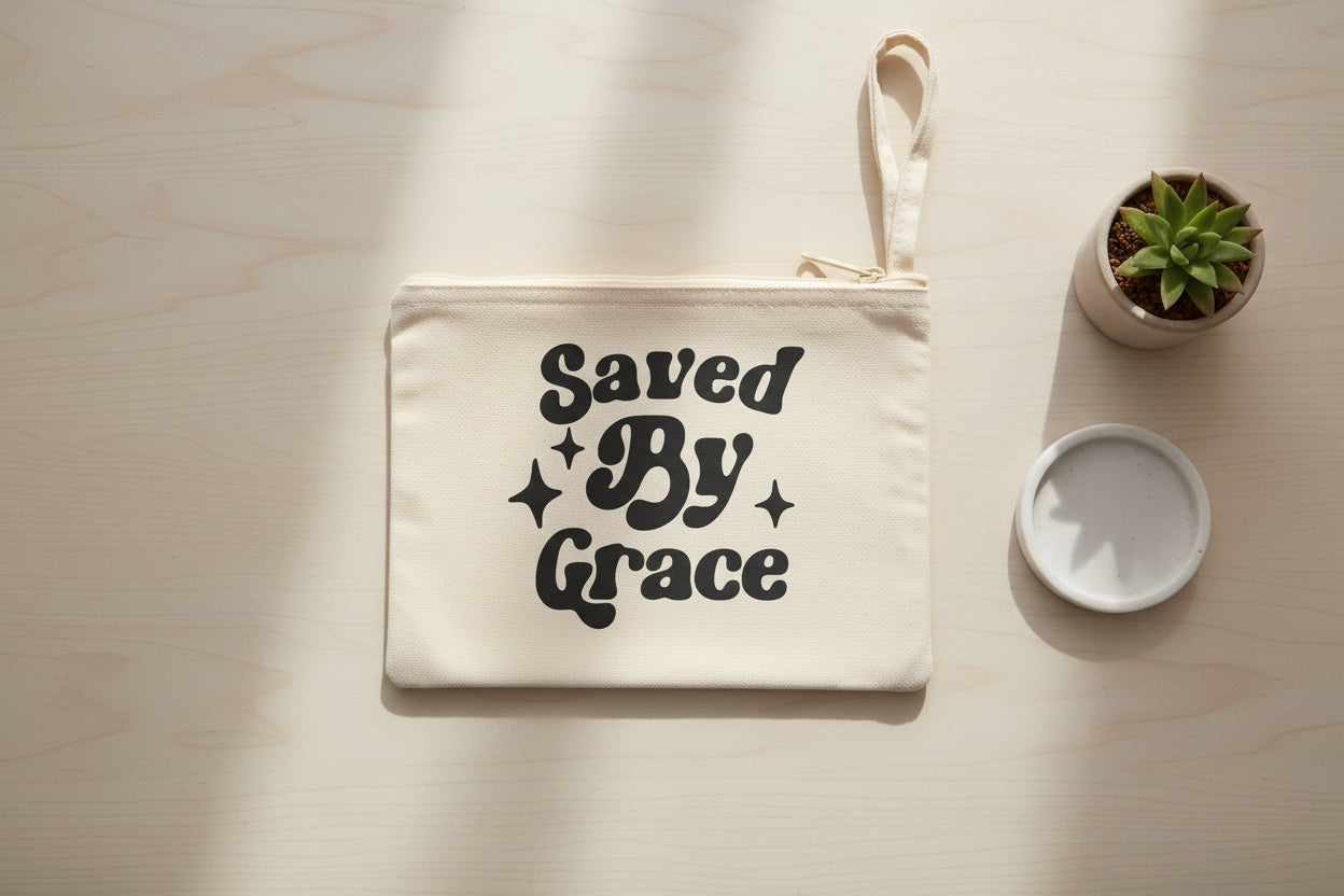 Saved By Grace Canvas Zipper Pouch — Inspirational Faith Accessory