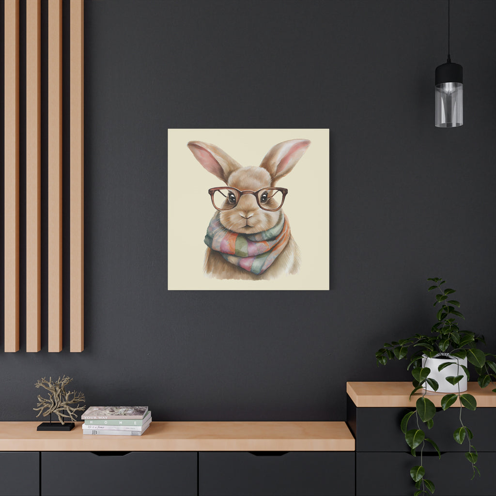 Hipster Bunny Canvas Art – Bunny with Glasses & Colorful Scarf Matte Stretched Wall Decor