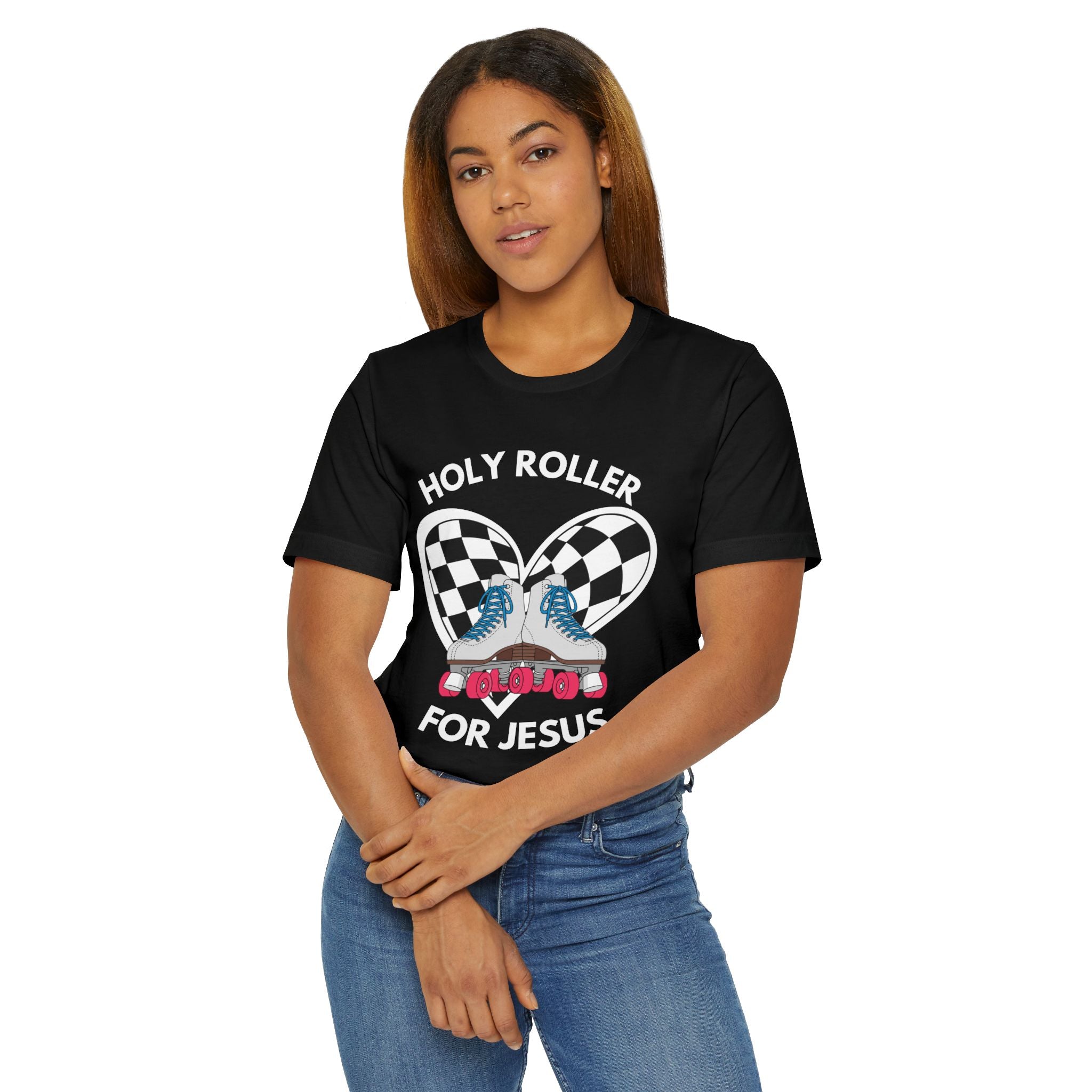 Holy Roller For Jesus T-Shirt — Retro Roller Skates & Checker Heart Christian Tee