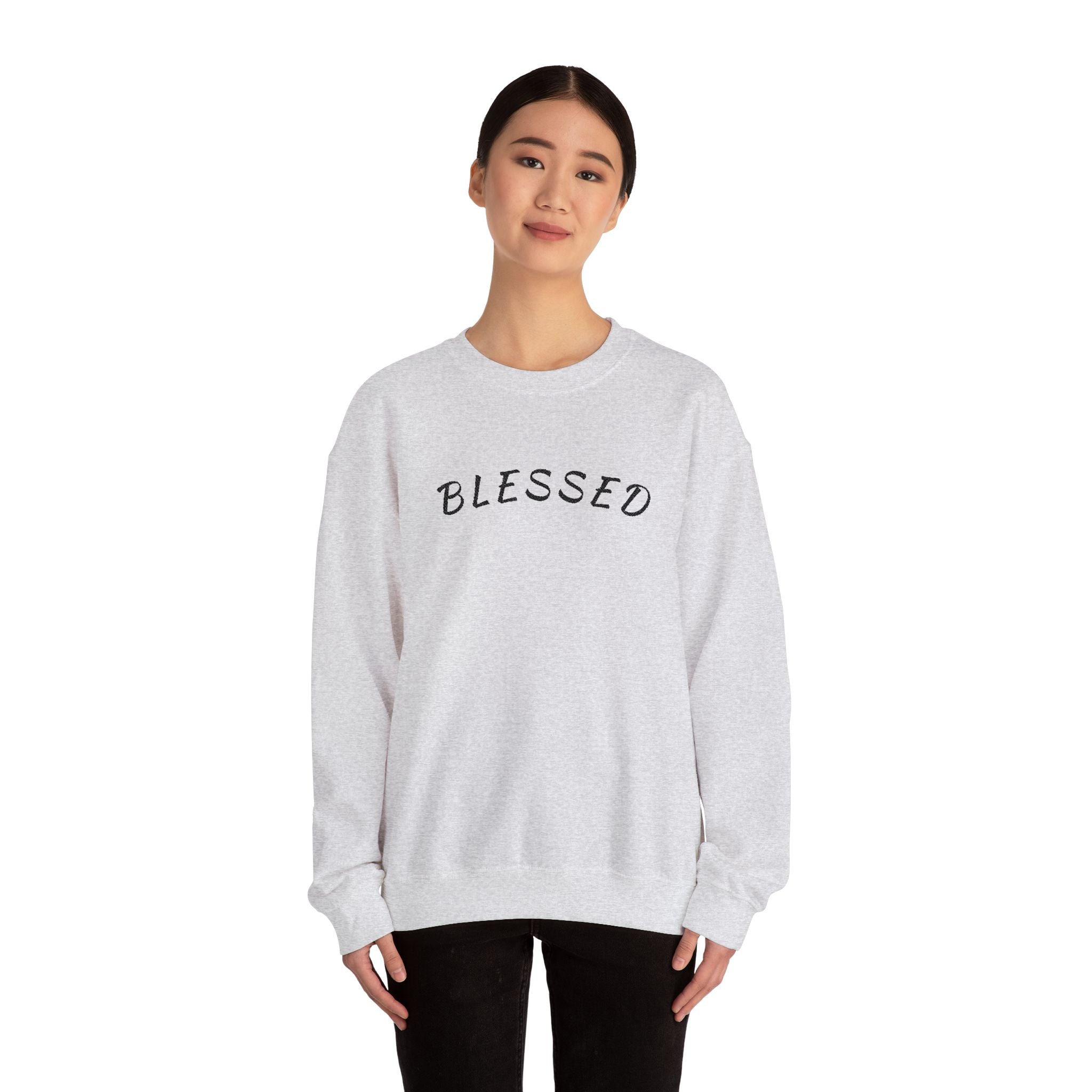Embroidered - Blessed Crewneck Sweatshirt — Cozy Pullover with Script 'BLESSED'