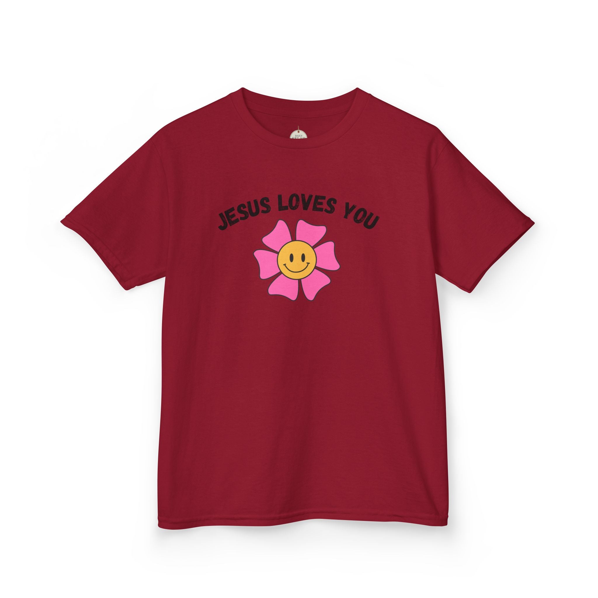 Kids T-Shirt — "Jesus Loves You" Smiley Flower Christian Tee