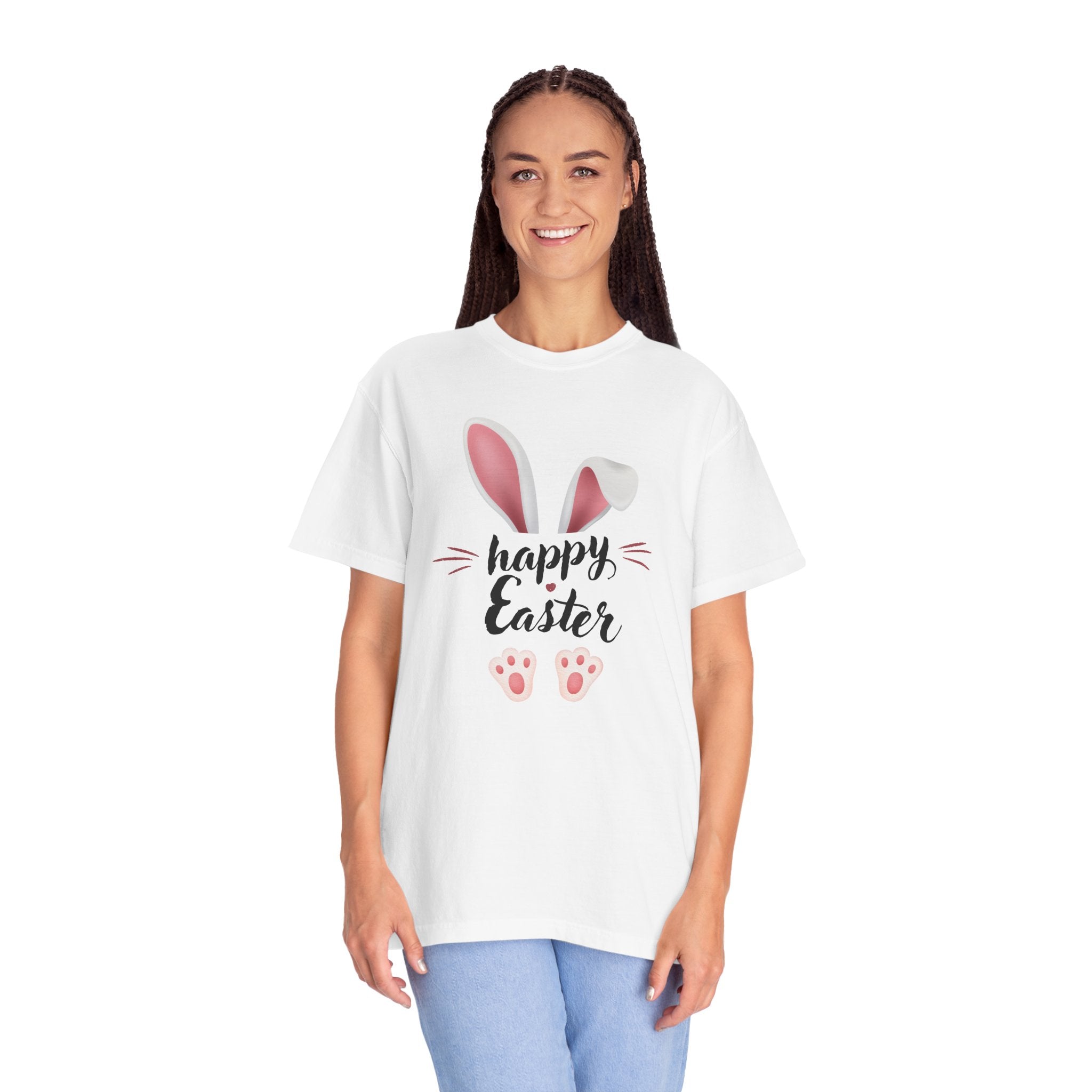 Easter Bunny Tee — "Happy Easter" Bunny Ears & Paws Graphic T-Shirt (Comfort Colors)