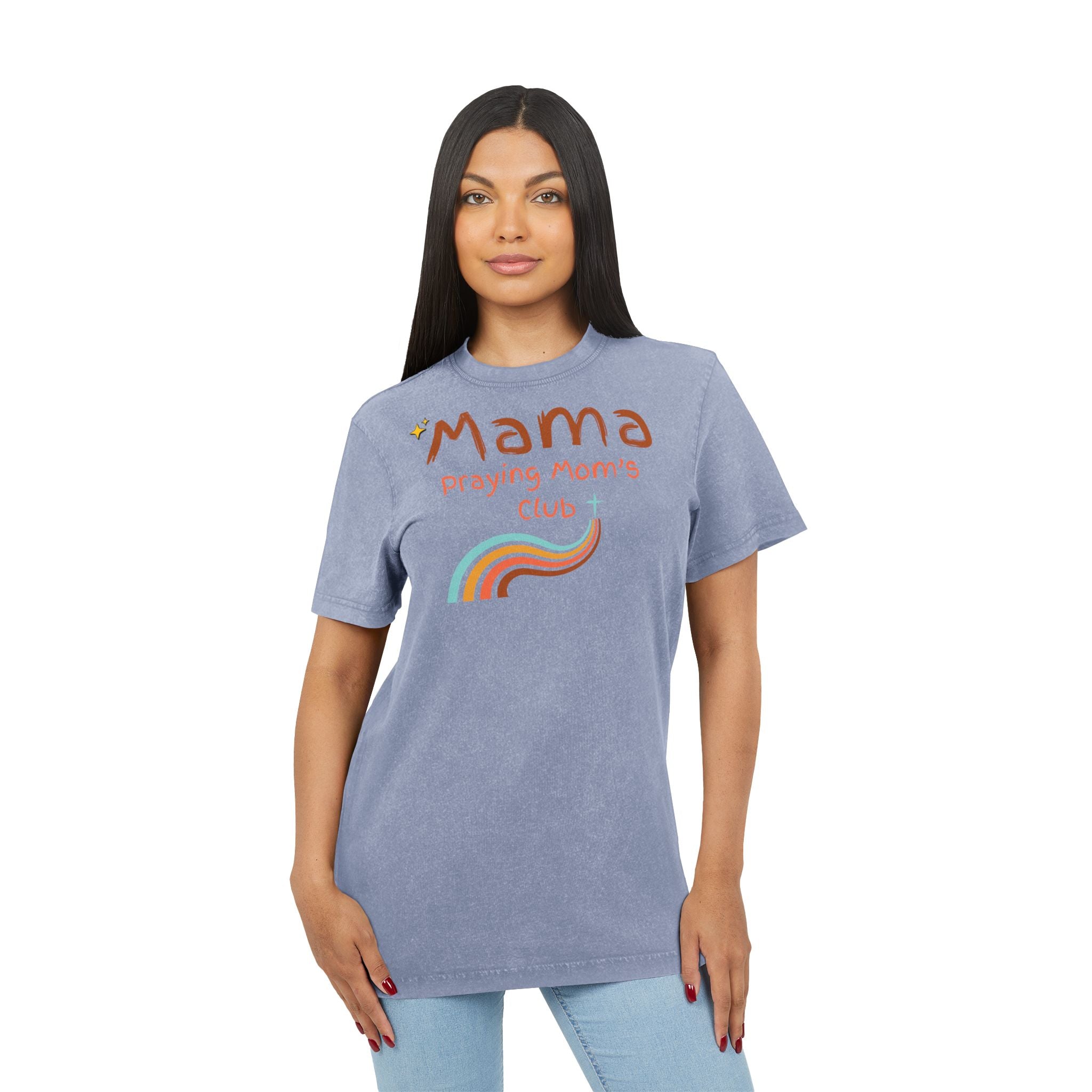 Mama Praying Moms Club Acid Wash Tee — Retro Rainbow Christian Mom Shirt