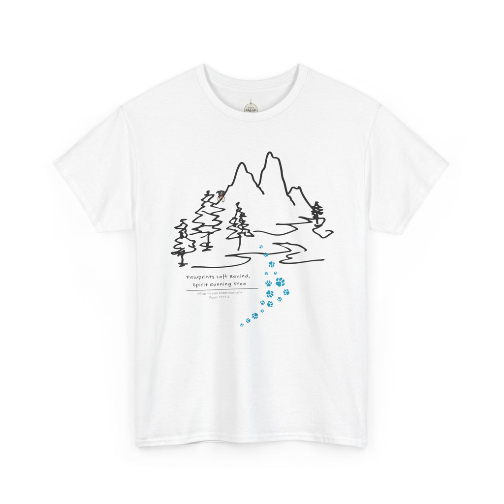 Rainbow Bridge T‑Shirt — Minimal Line Art Nature Tee with 'Follow the Dog Prints' Design Psalms 121