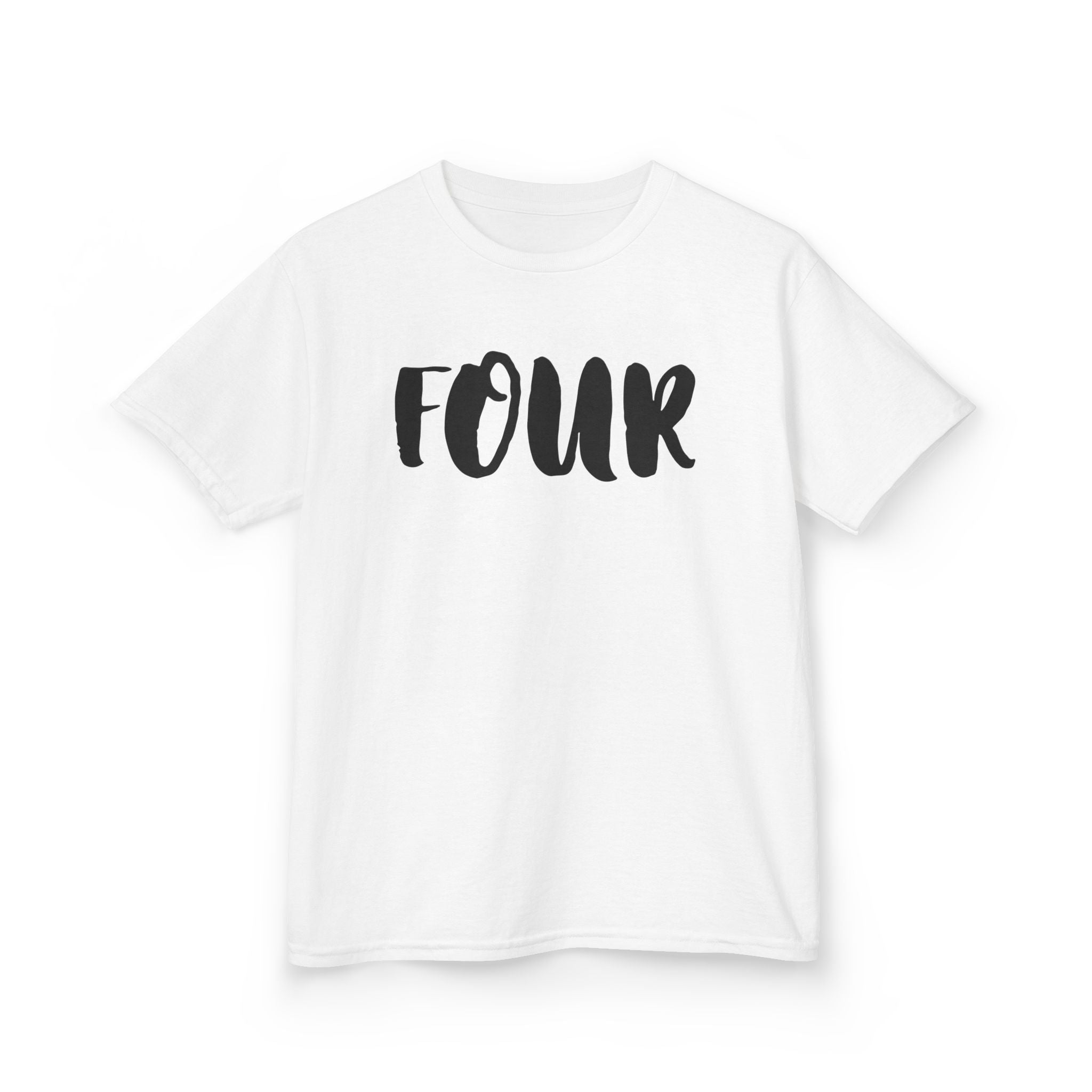Kids 'Four' Birthday T‑Shirt — Fun Script Number Tee for 4-Year-Olds