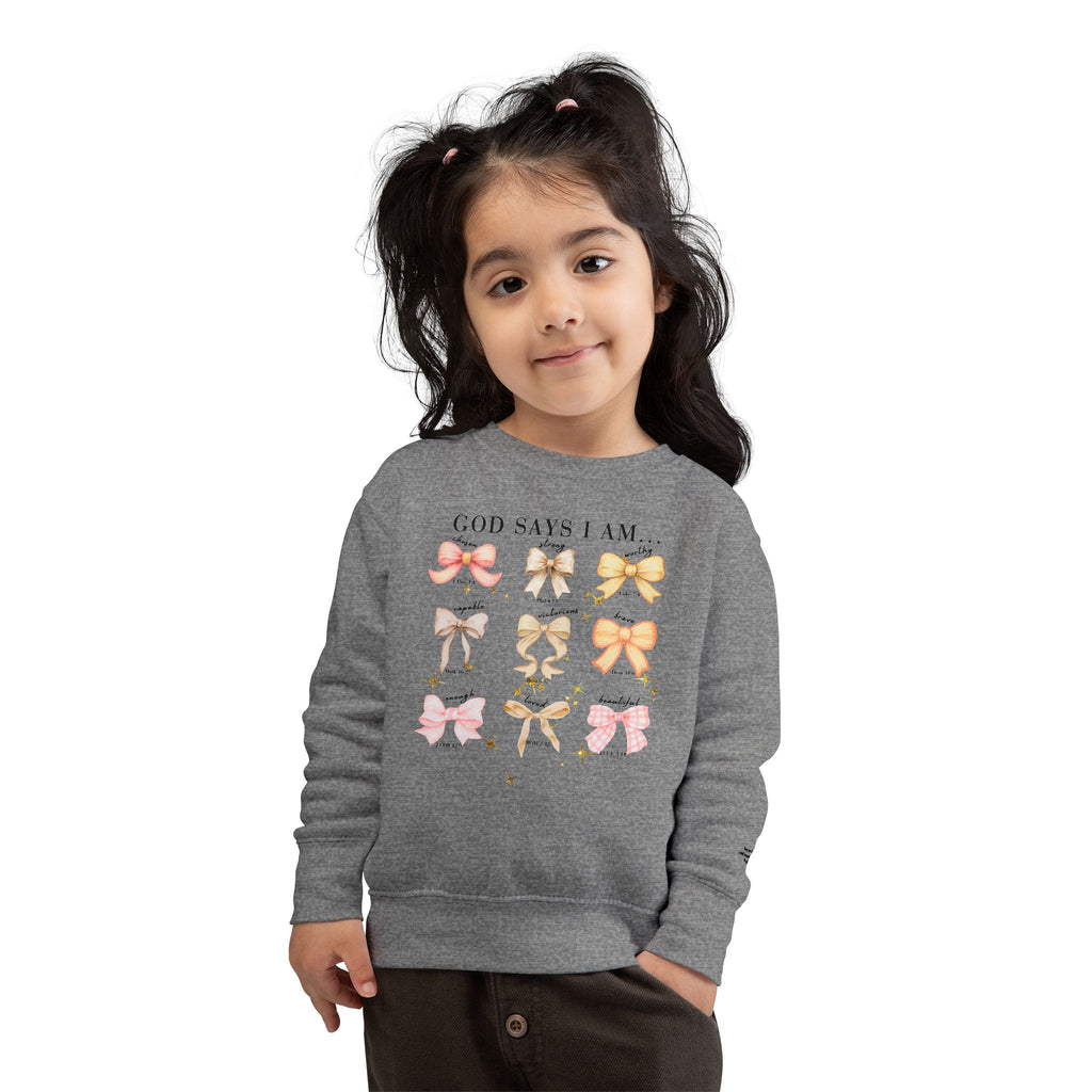 Toddler Sweatshirt — "God Says I Am" Bows Inspirational Kids Pullover