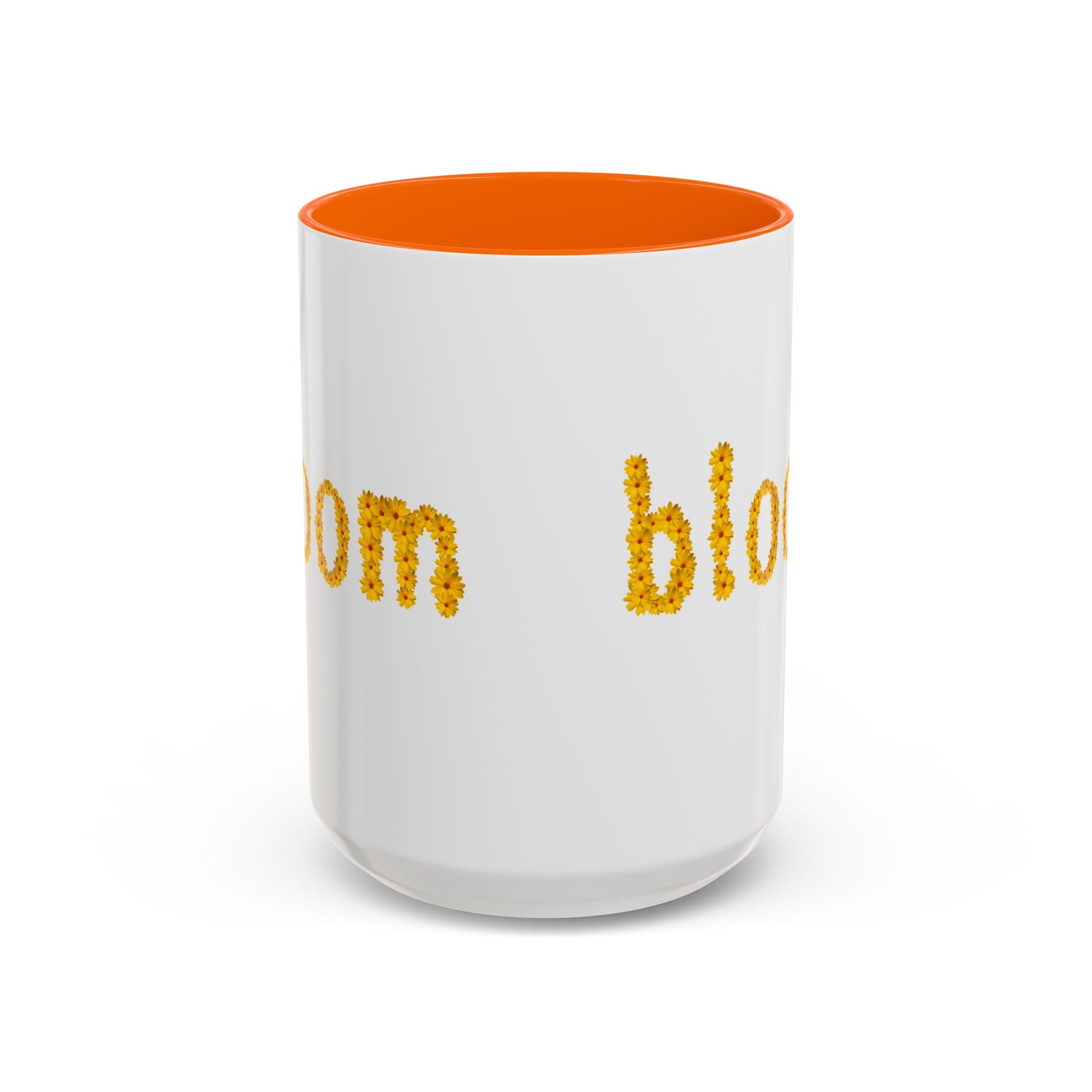 "bloom" floral text Coffee Mug | sunflower petal typography, white & black accent