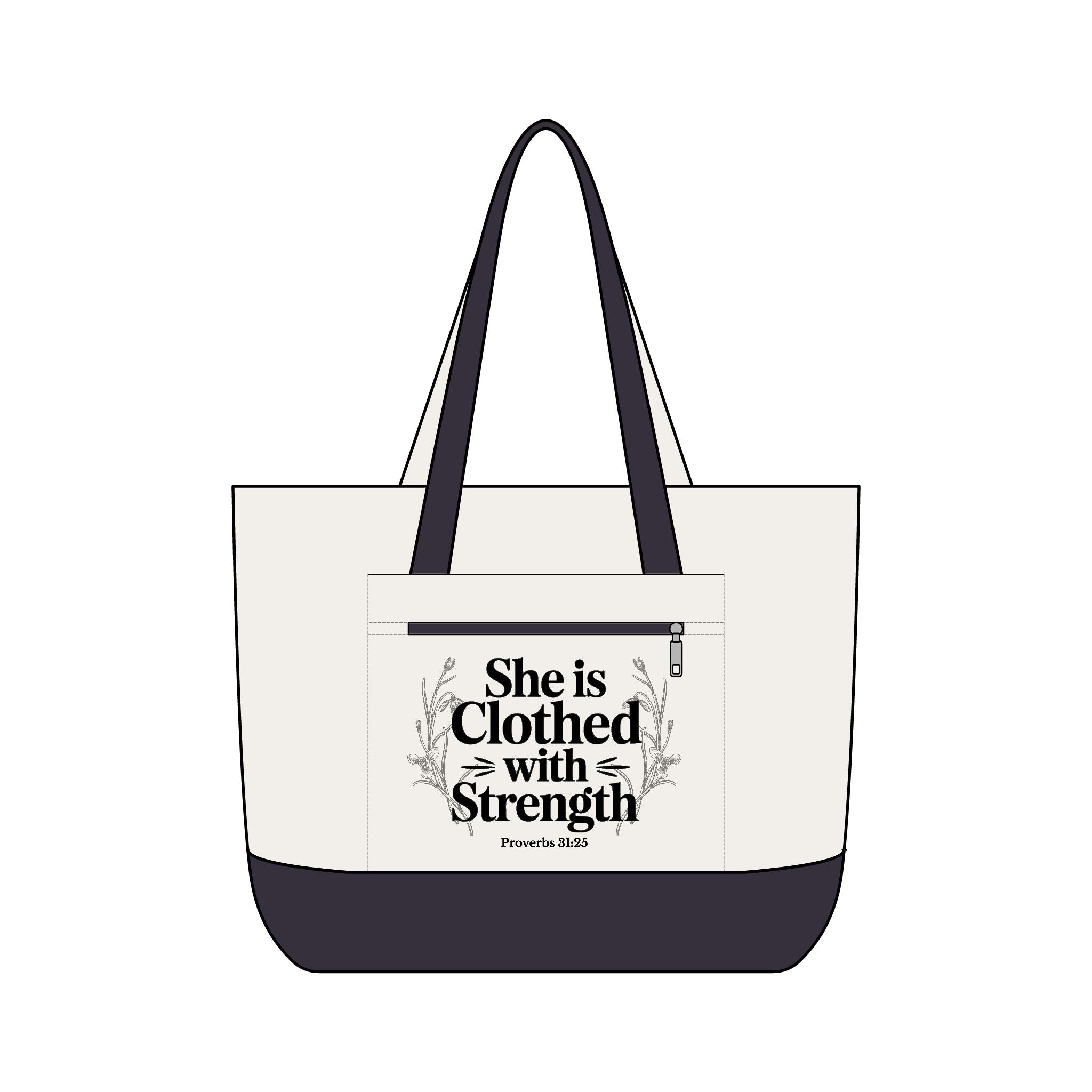 Canvas Tote Bag — "She Is Clothed With Strength" Inspirational Scripture Tote Mother's Day Gift