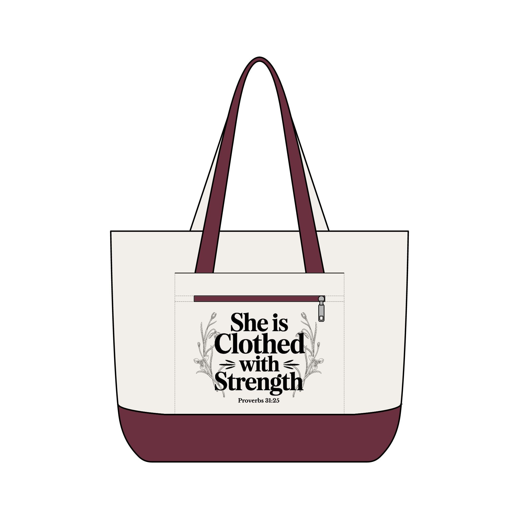 Canvas Tote Bag — "She Is Clothed With Strength" Inspirational Scripture Tote Mother's Day Gift
