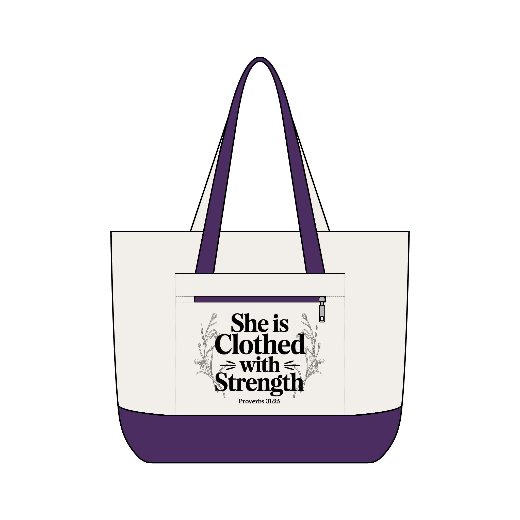 Canvas Tote Bag — "She Is Clothed With Strength" Inspirational Scripture Tote Mother's Day Gift
