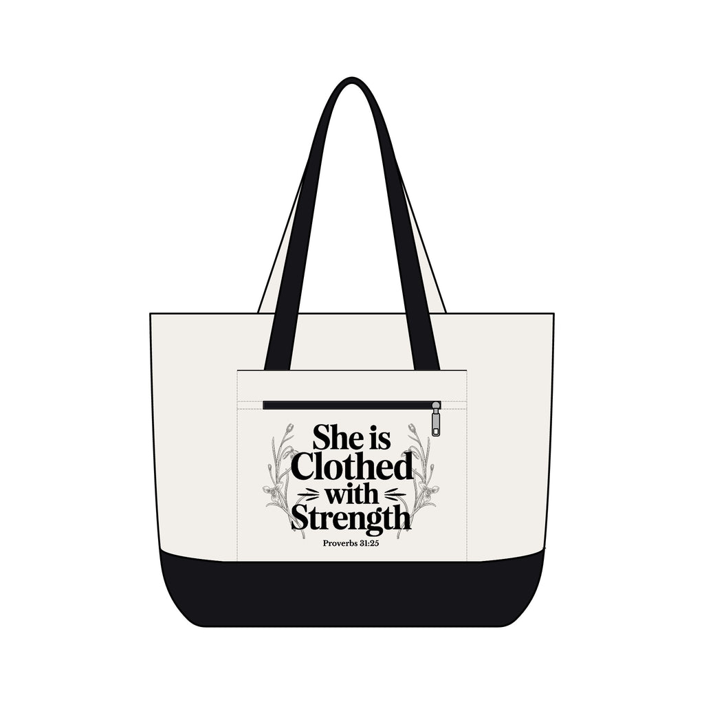 Canvas Tote Bag — "She Is Clothed With Strength" Inspirational Scripture Tote Mother's Day Gift