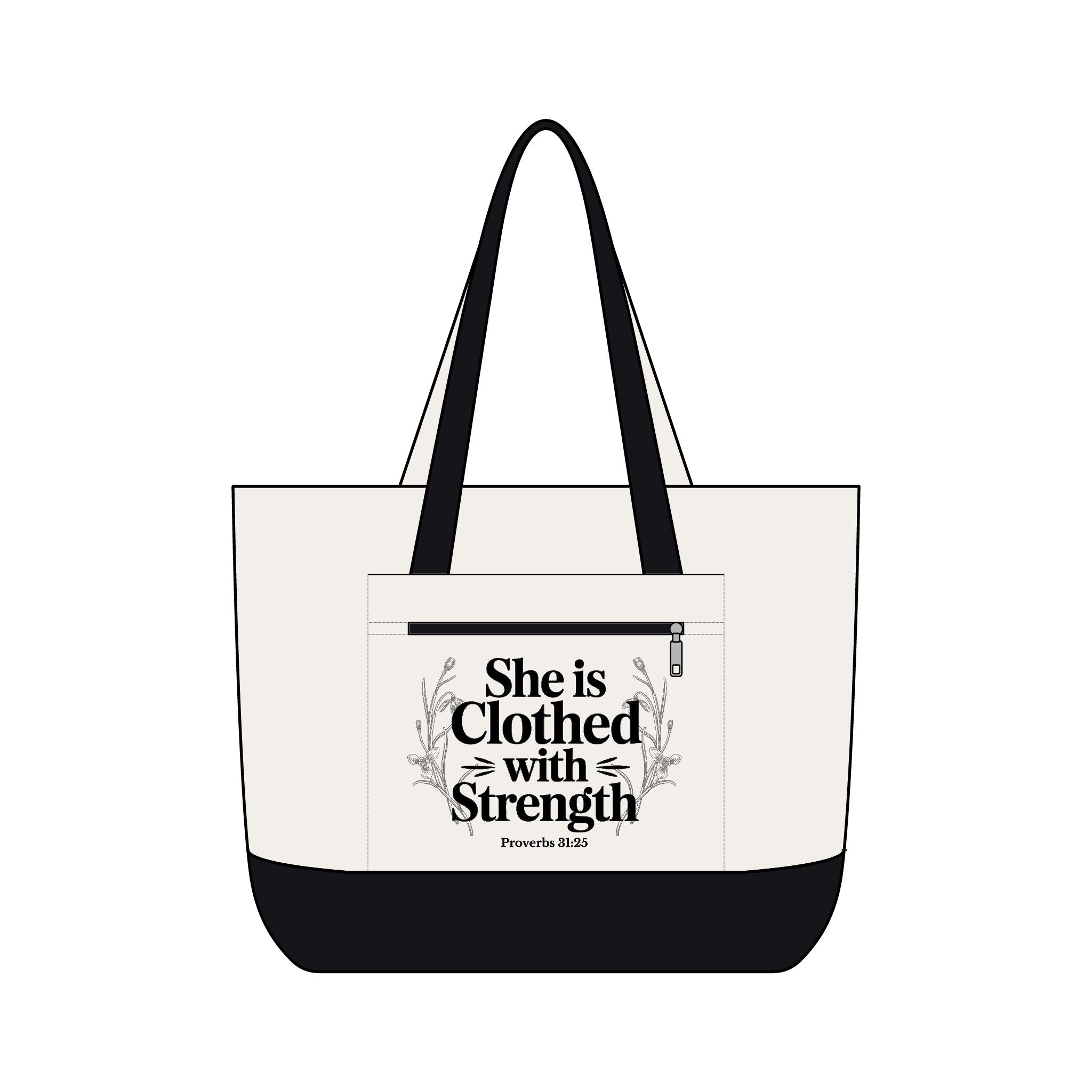 Canvas Tote Bag — "She Is Clothed With Strength" Inspirational Scripture Tote Mother's Day Gift