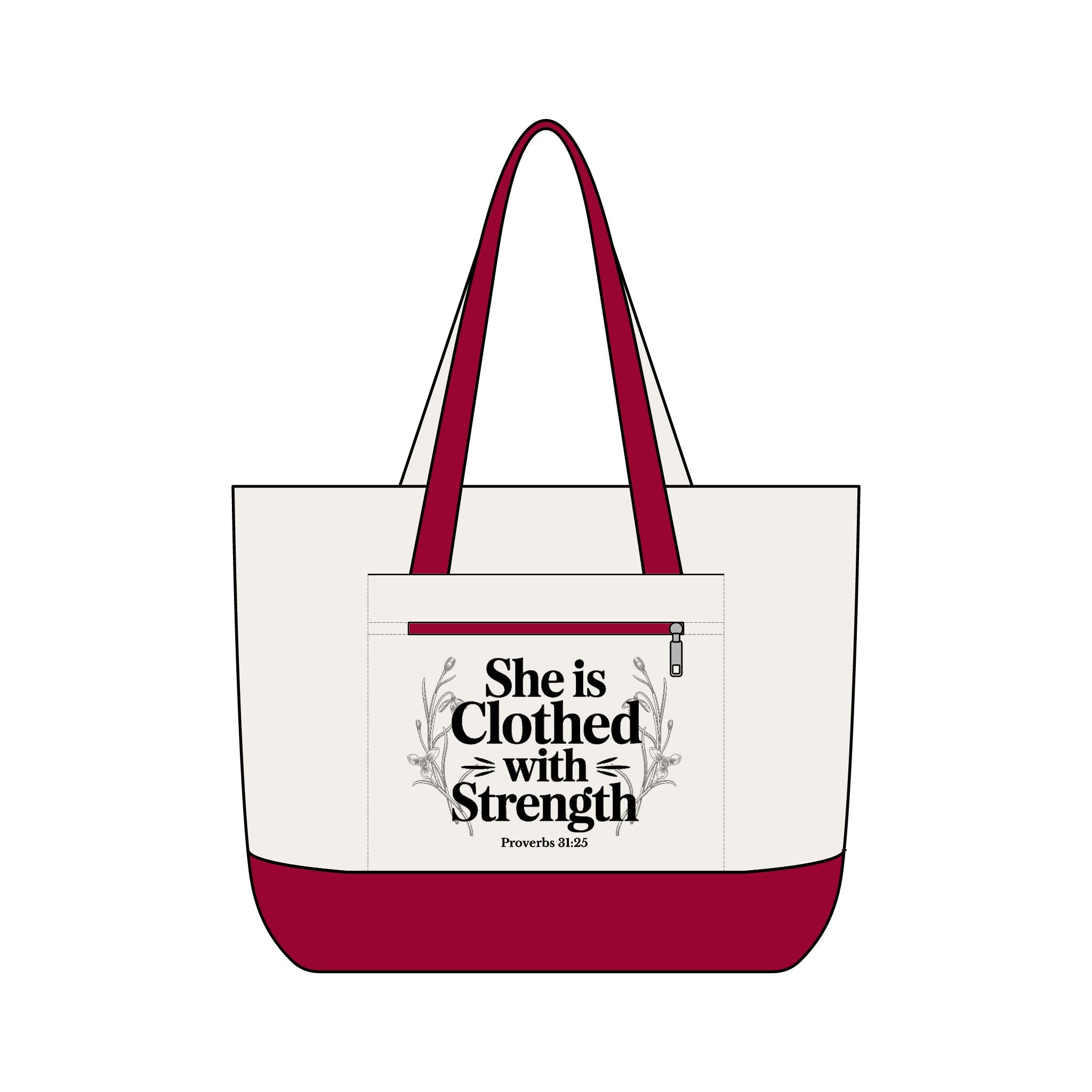 Canvas Tote Bag — "She Is Clothed With Strength" Inspirational Scripture Tote Mother's Day Gift
