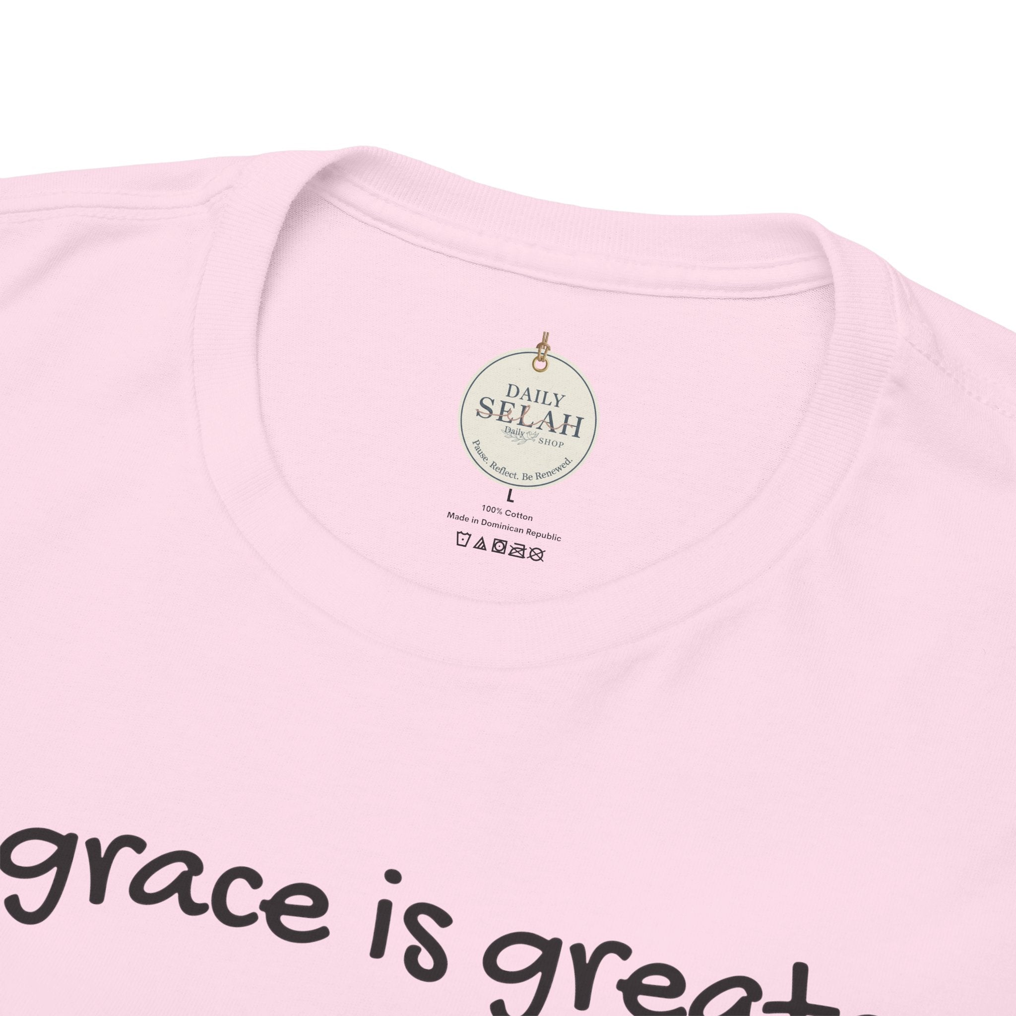 Christian T‑Shirt — "His grace is greater than your past." (Romans 5:20)