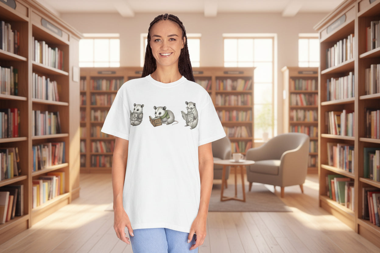 Reading Possum T-Shirt — Cute Trio Illustration Tee