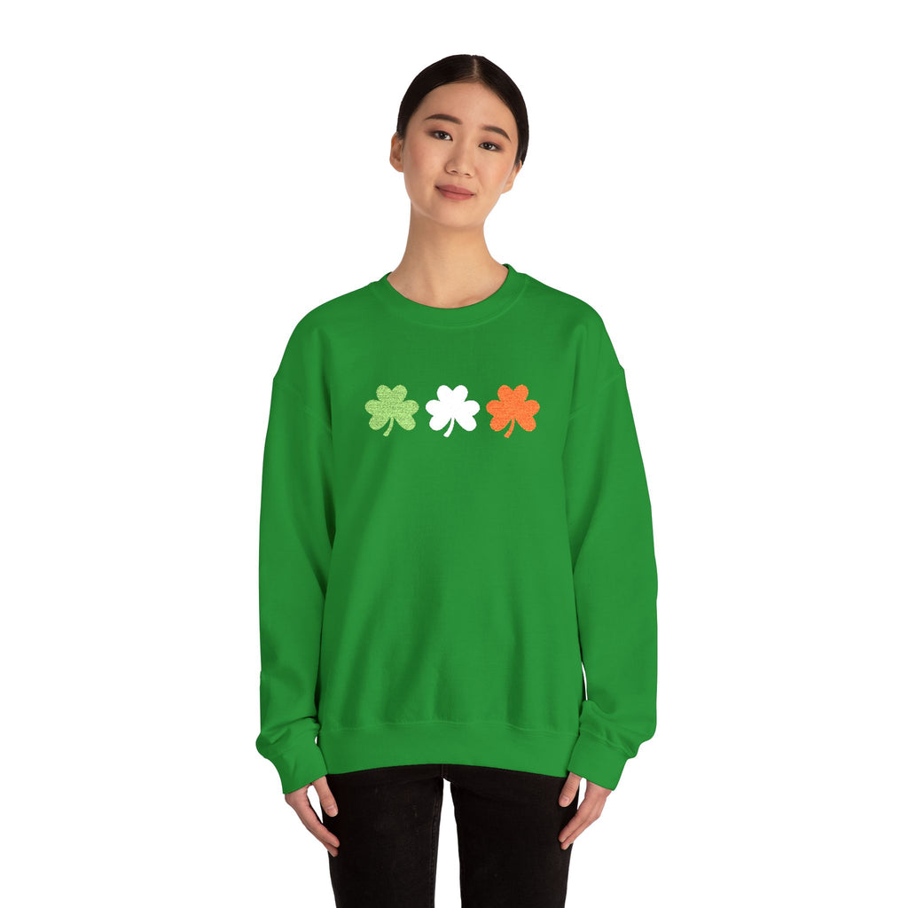Irish Shamrock Trio Crewneck Sweatshirt – Green White Orange St. Patrick’s Day Pullover Flag Colors