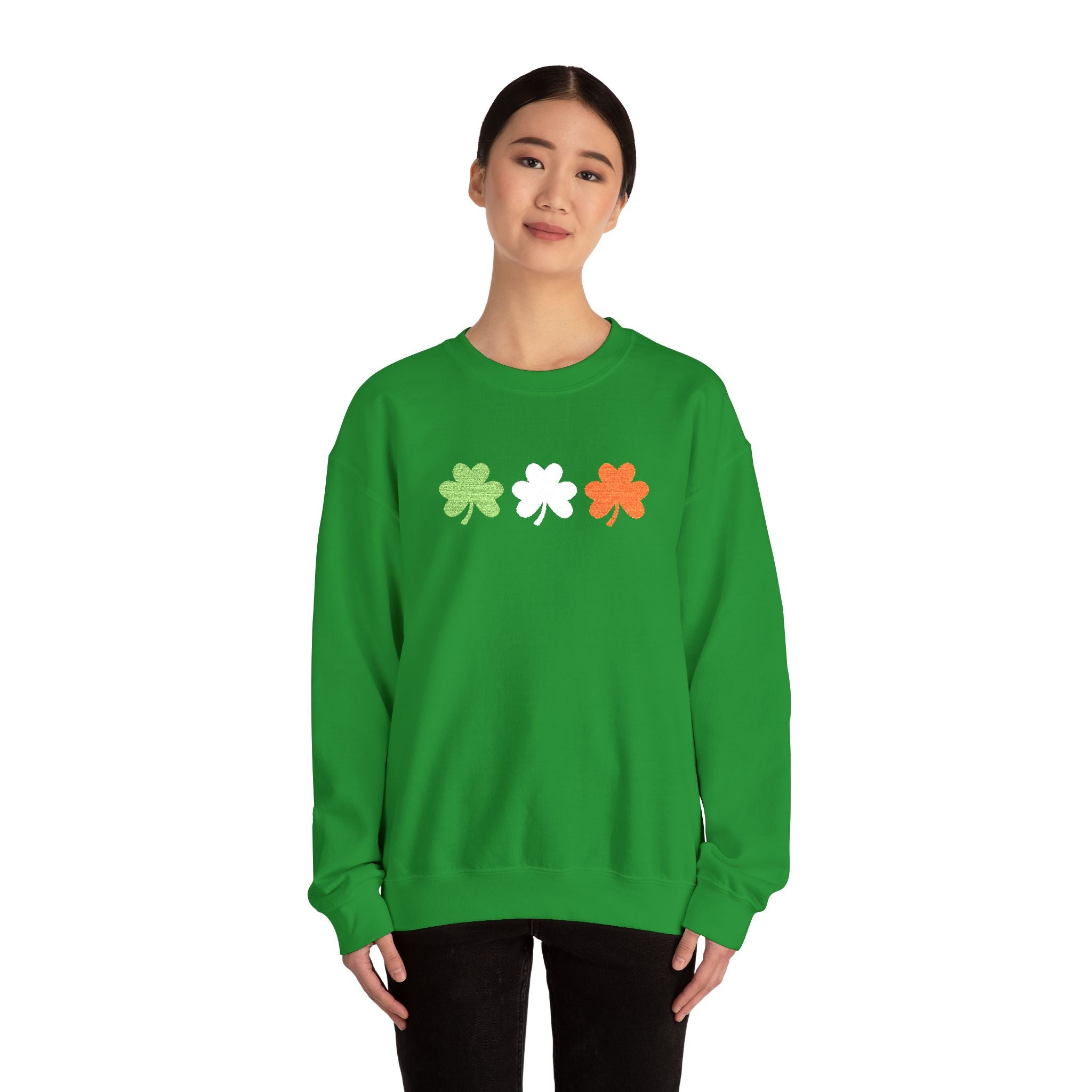 Irish Shamrock Trio Crewneck Sweatshirt – Green White Orange St. Patrick’s Day Pullover Flag Colors