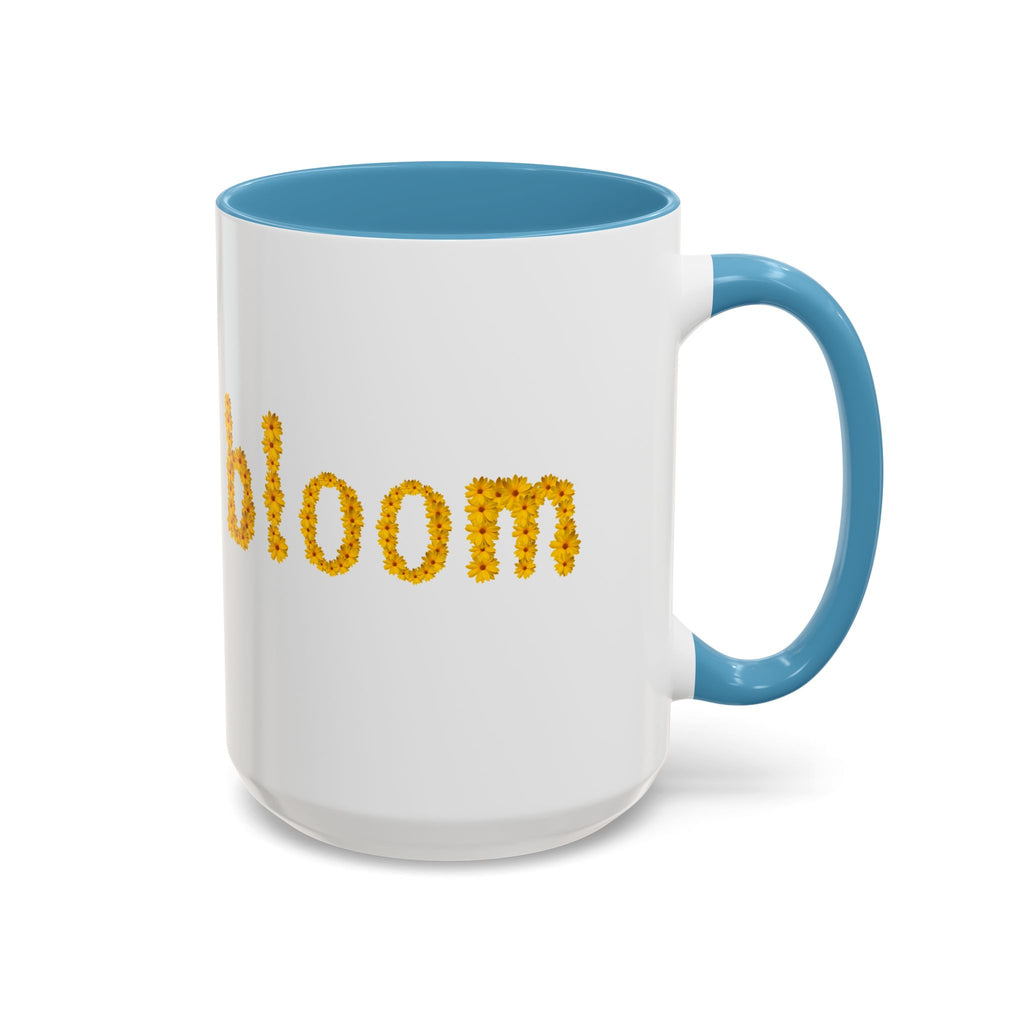 "bloom" floral text Coffee Mug | sunflower petal typography, white & black accent