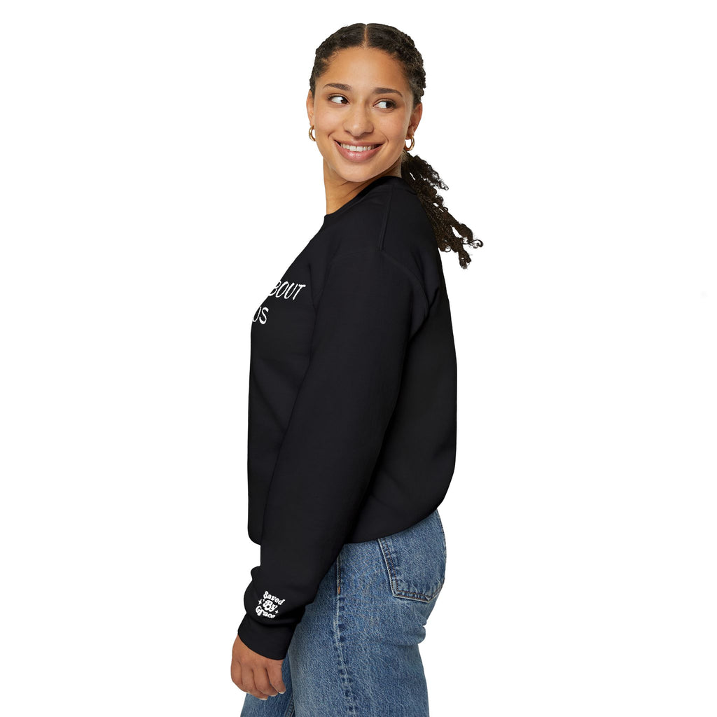 Embroidered Ask Me About Jesus Crewneck Sweatshirt — Christian Faith Conversation Pullover