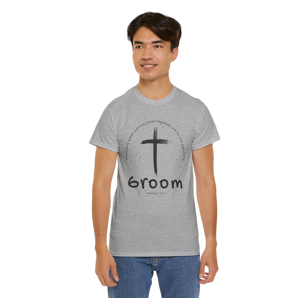 Groom Cross Tee — Christian Wedding Groom T-Shirt (Scripture Verse Design) - Christian - Matthew 19:6