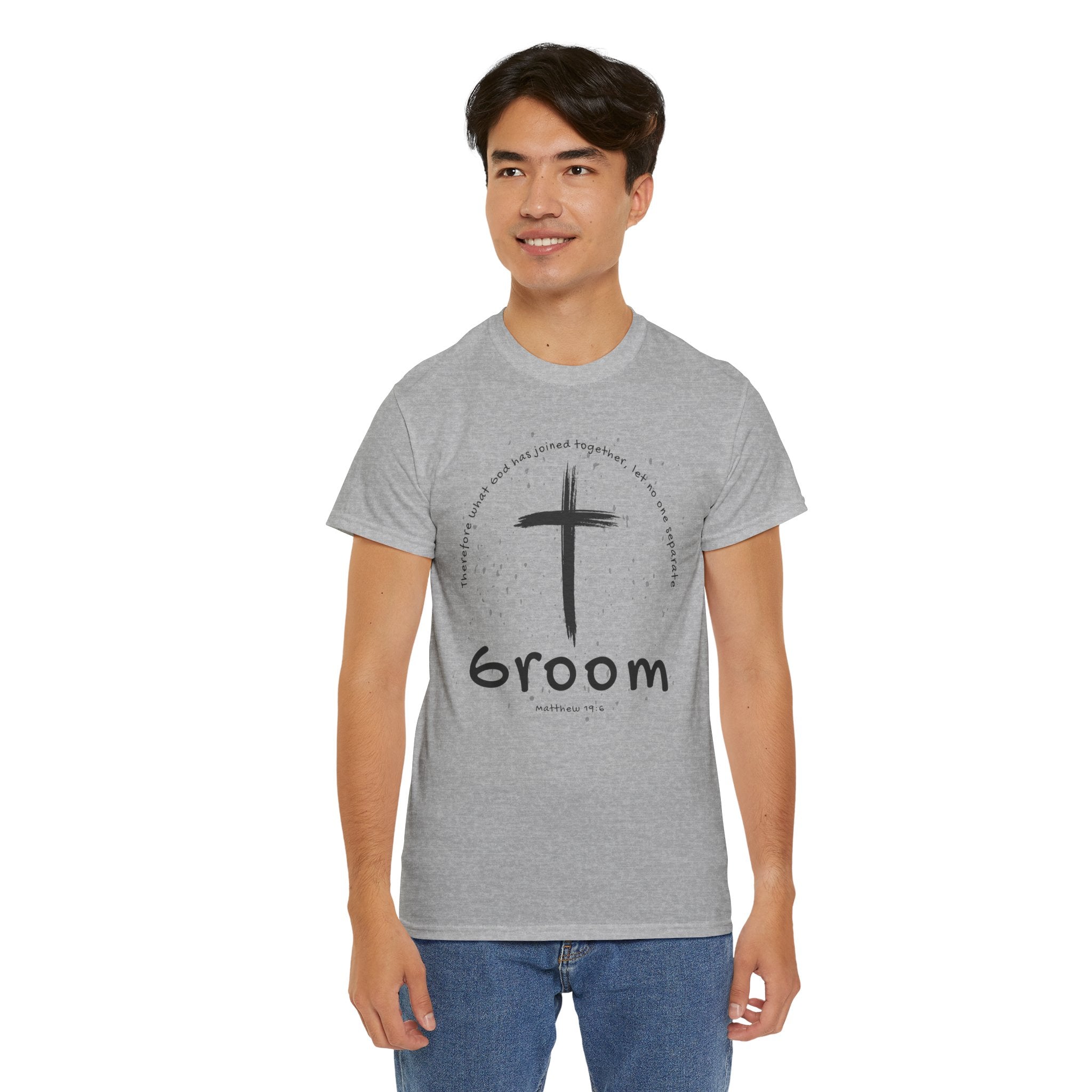 Groom Cross Tee — Christian Wedding Groom T-Shirt (Scripture Verse Design) - Christian - Matthew 19:6
