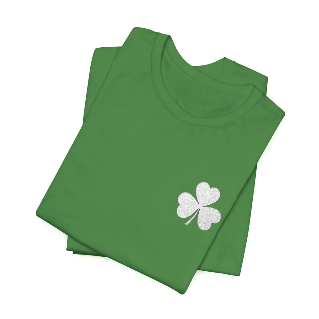 Embroidered Shamrock Pocket Tee — Distressed Lucky Clover T-Shirt