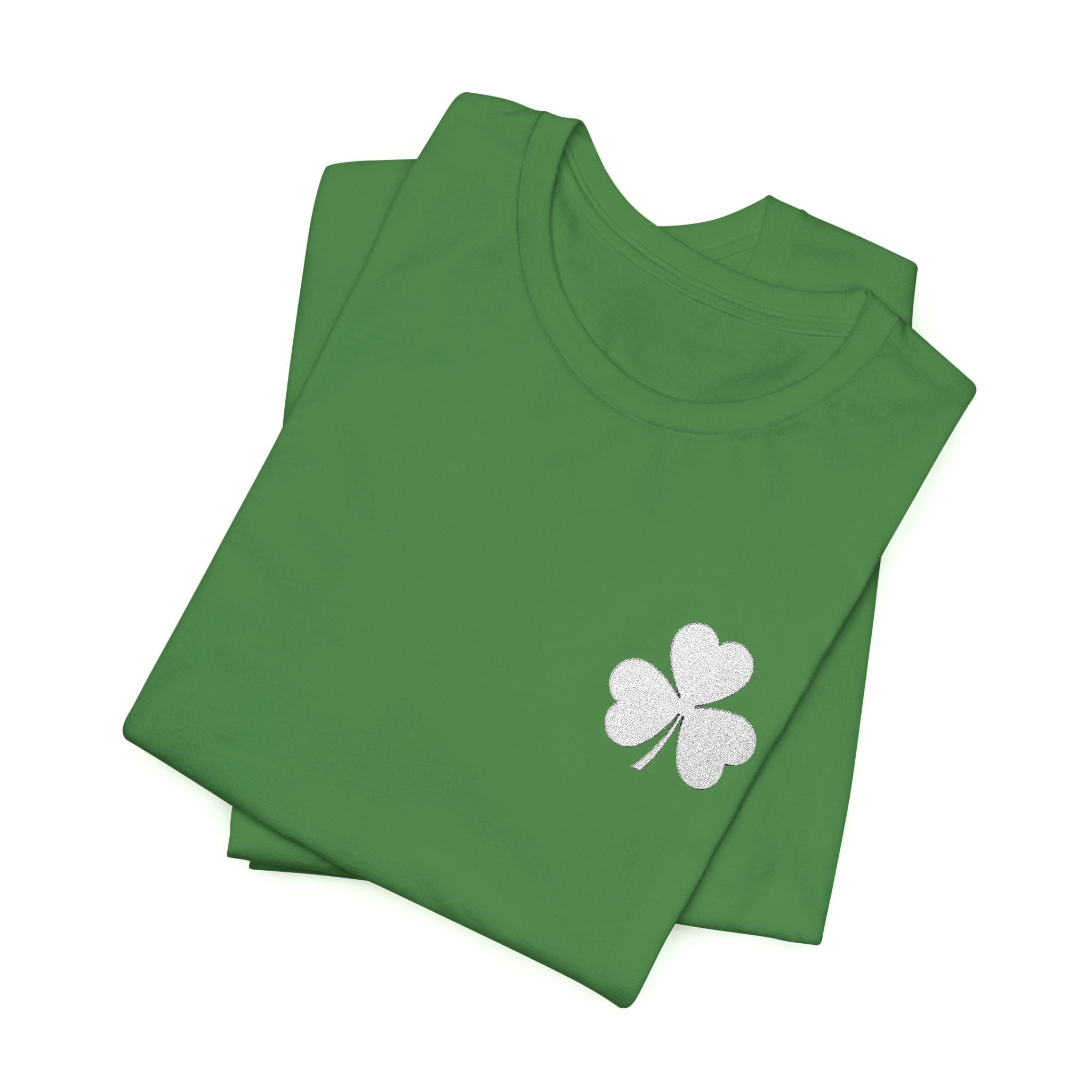 Embroidered Shamrock Pocket Tee — Distressed Lucky Clover T-Shirt