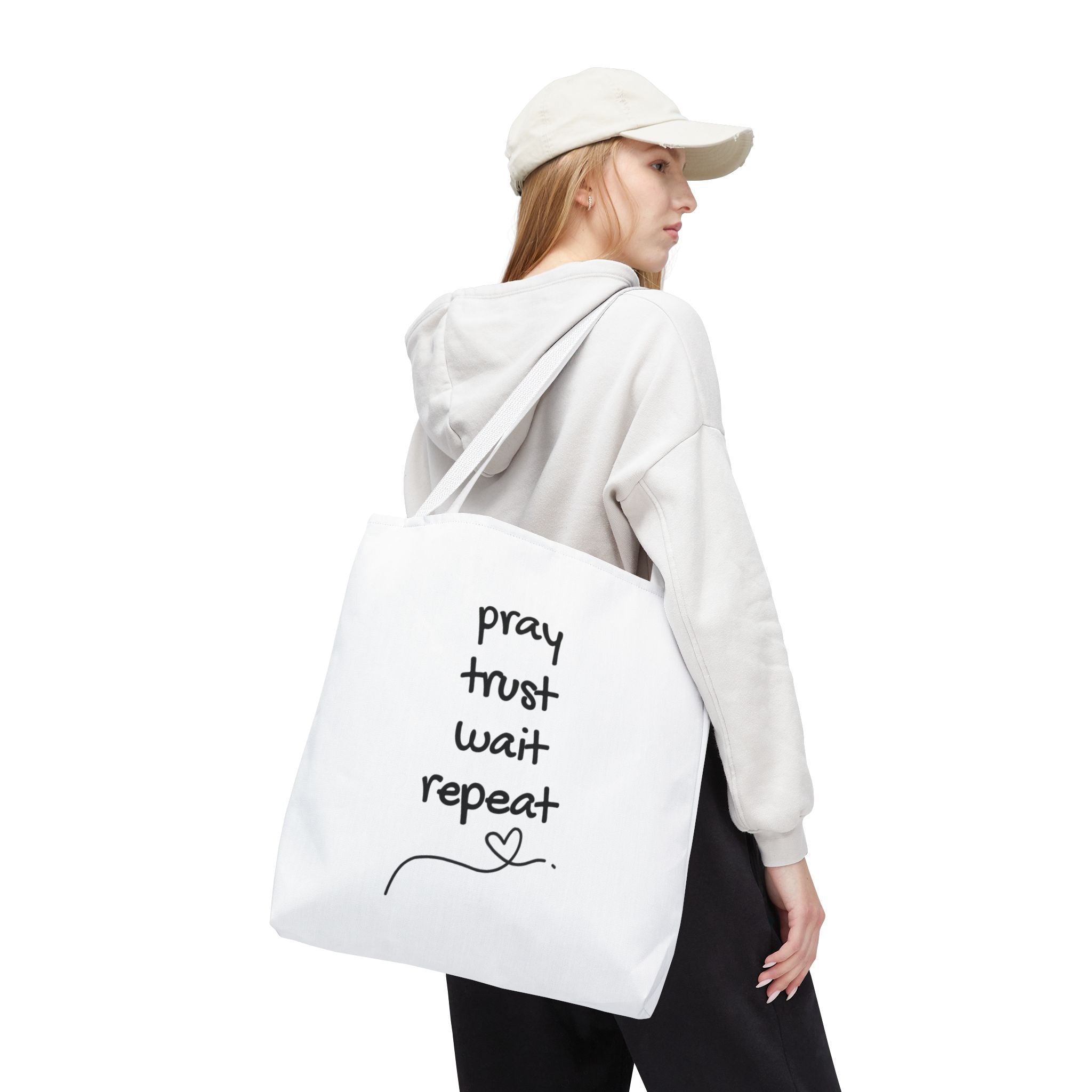 Pray Trust Wait Repeat Tote Bag — Inspirational Faith Canvas Tote