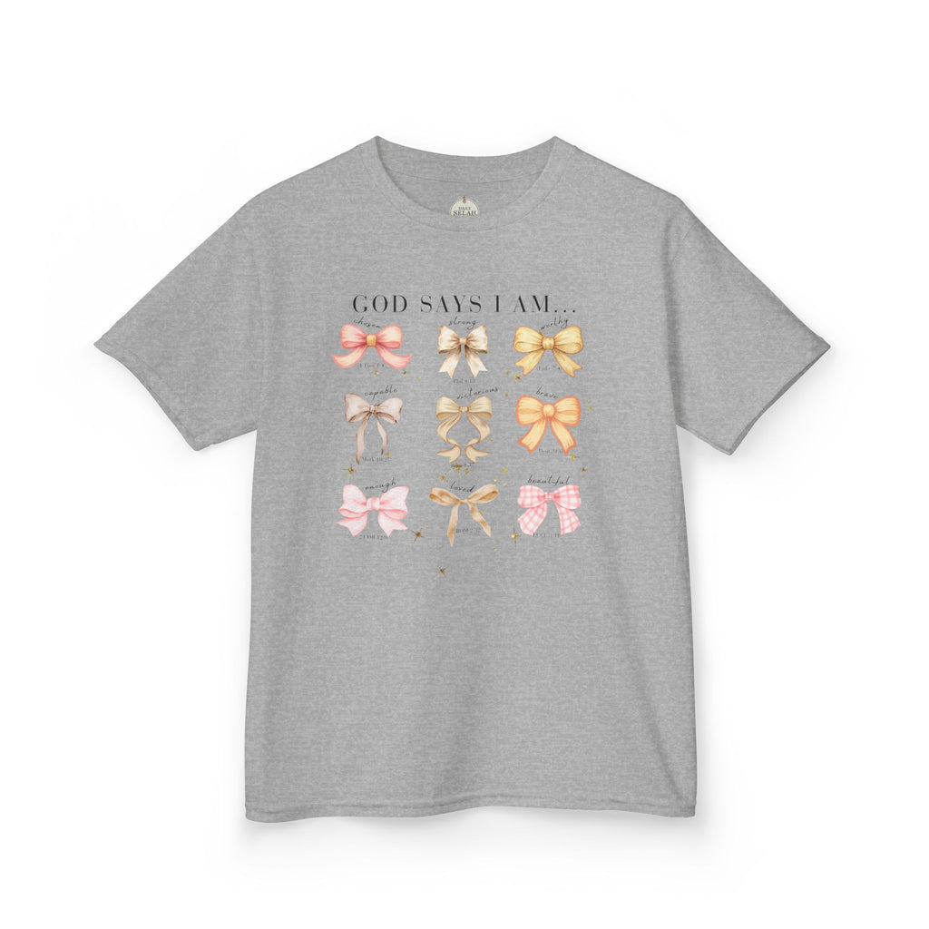 Kids Tee — 'God Says I Am' Pastel Bow Graphic