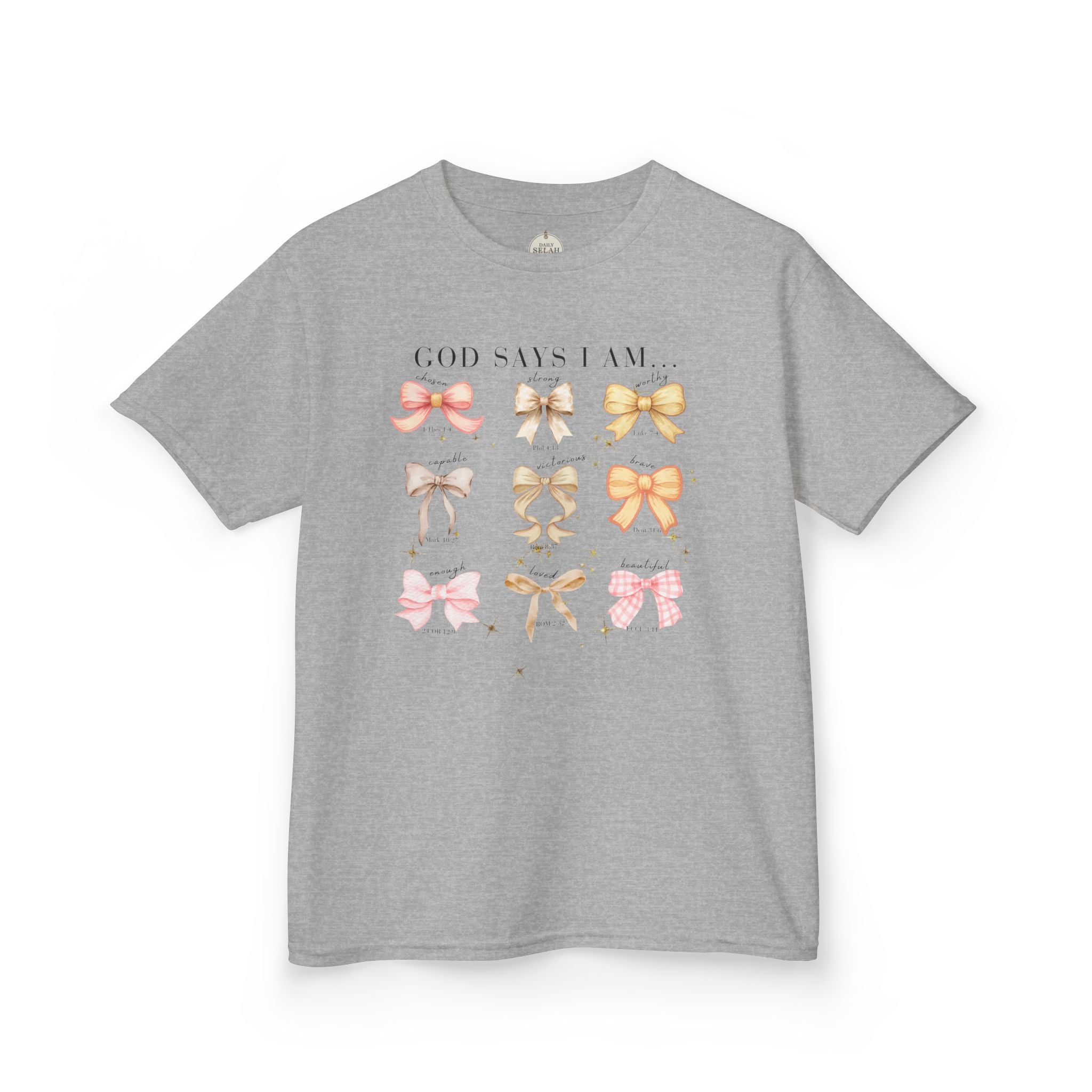 Kids Tee — 'God Says I Am' Pastel Bow Graphic