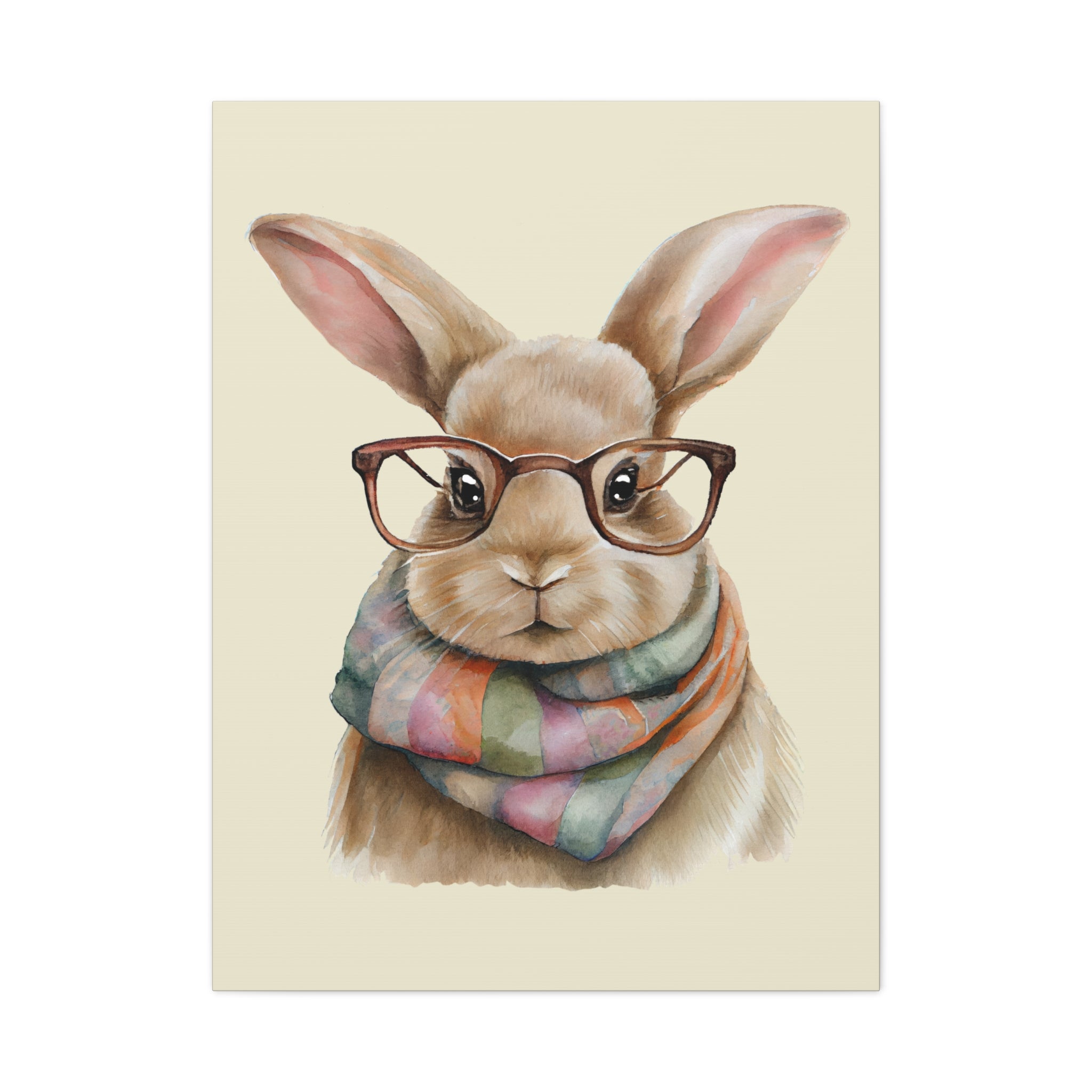 Hipster Bunny Canvas Art – Bunny with Glasses & Colorful Scarf Matte Stretched Wall Decor