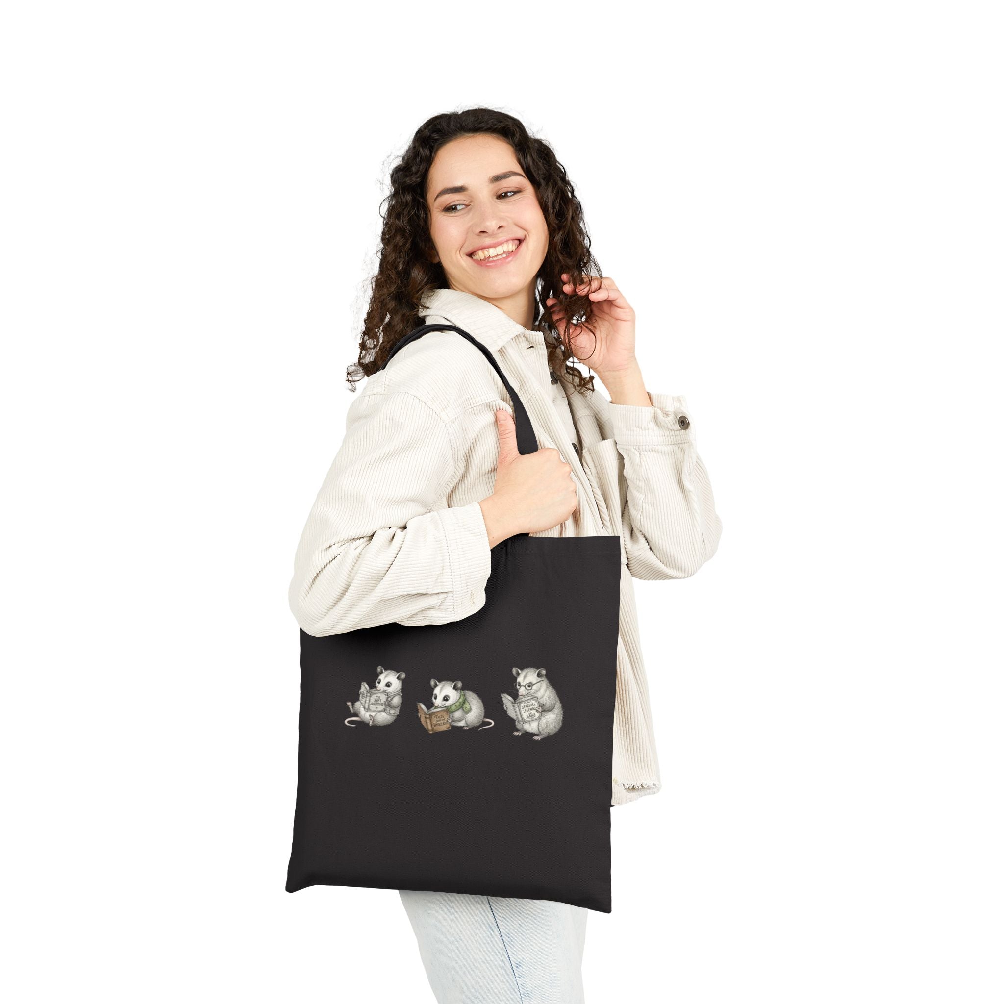 Possum Reading Trio Canvas Tote Bag — Cute Woodland Possum Booklover Grocery Bag