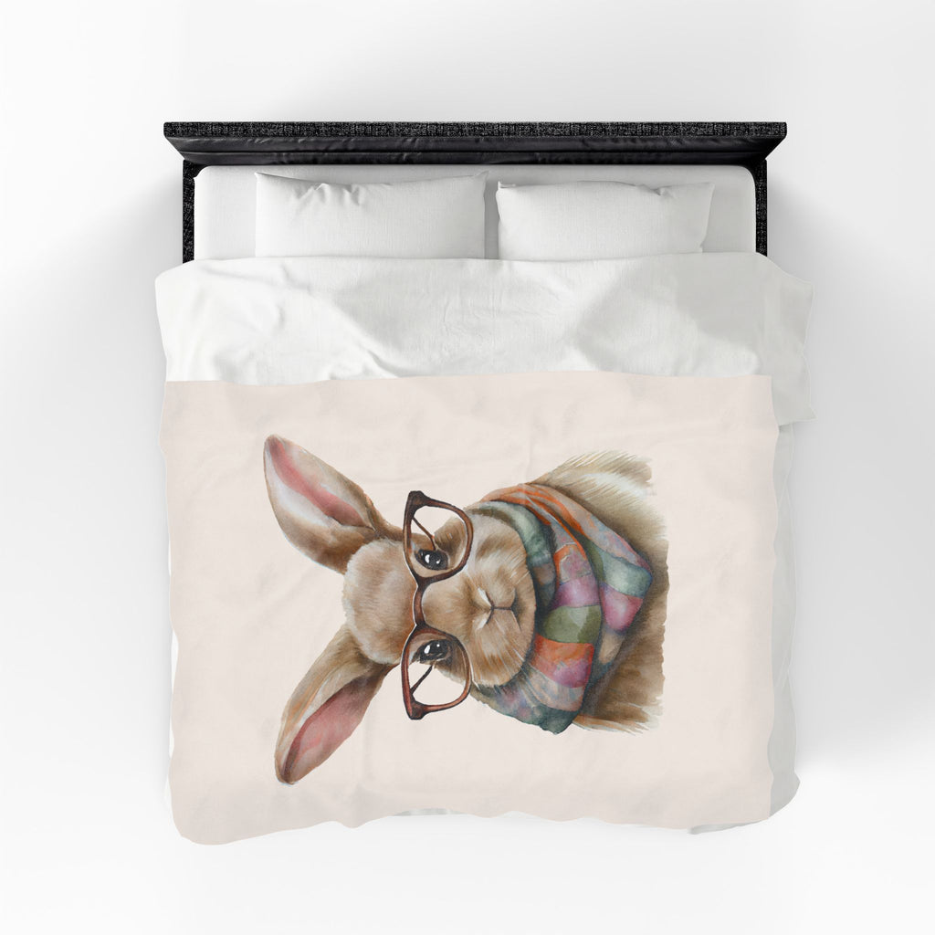 Cute Bunny with Glasses Velveteen Plush Blanket – Cozy Rabbit Scarf Throw