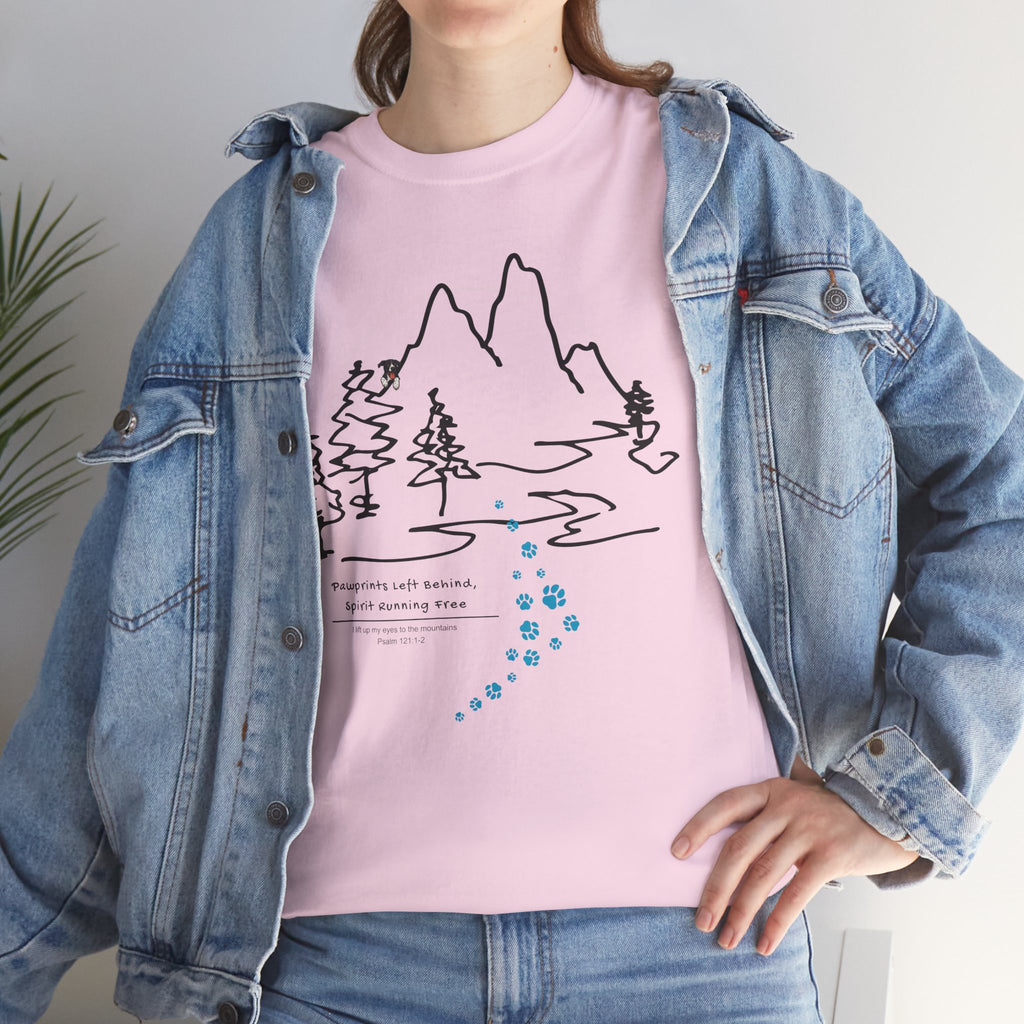 Rainbow Bridge T‑Shirt — Minimal Line Art Nature Tee with 'Follow the Dog Prints' Design Psalms 121