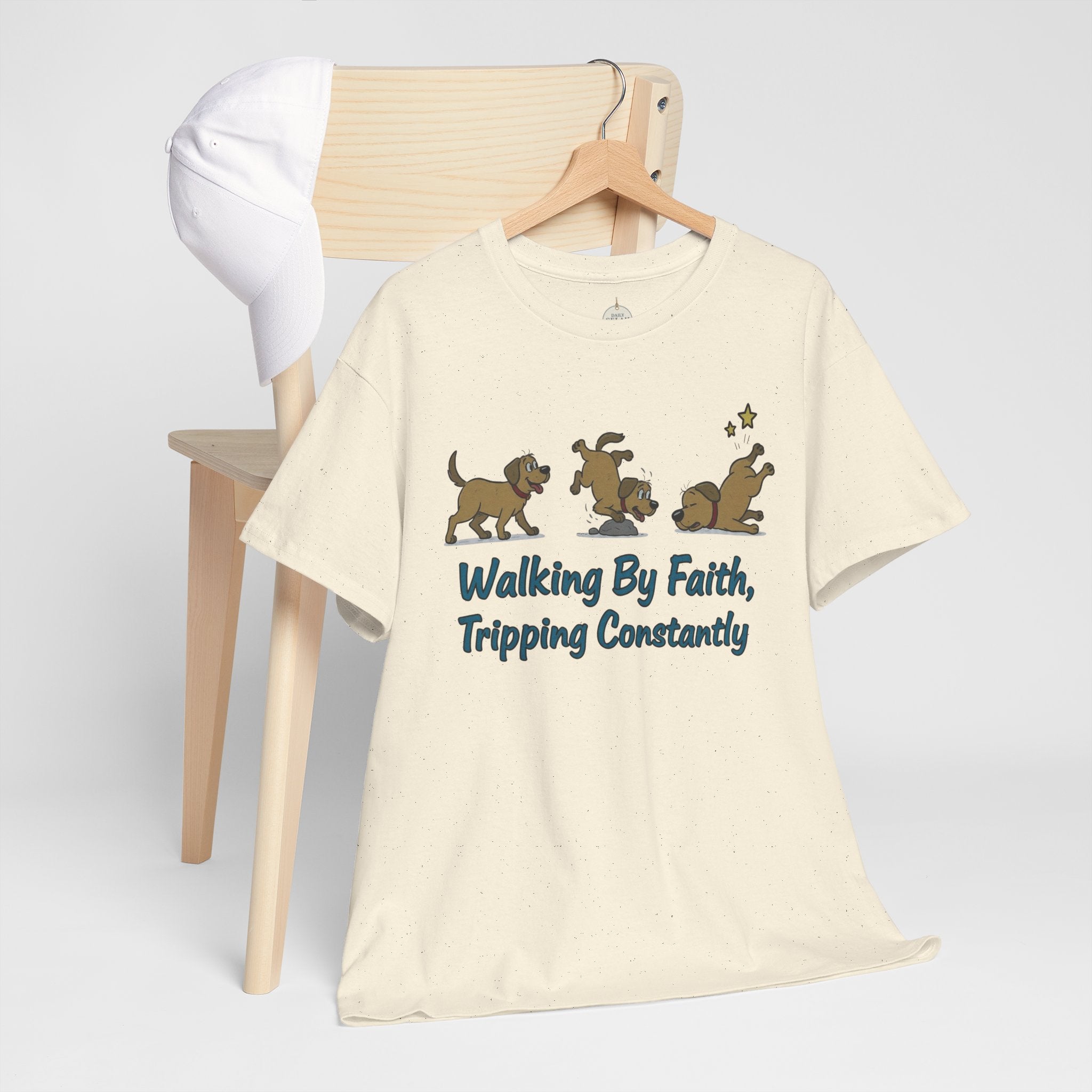 Faith Dog T-Shirt — "Walking By Faith, Tripping Constantly" Cute Christian Tee