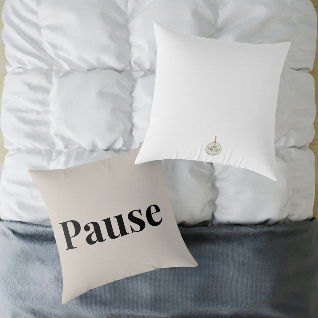 Pause Square Pillow – Minimalist Faith Inspired Neutral Canvas Throw Pillow with 'Pause' Typography