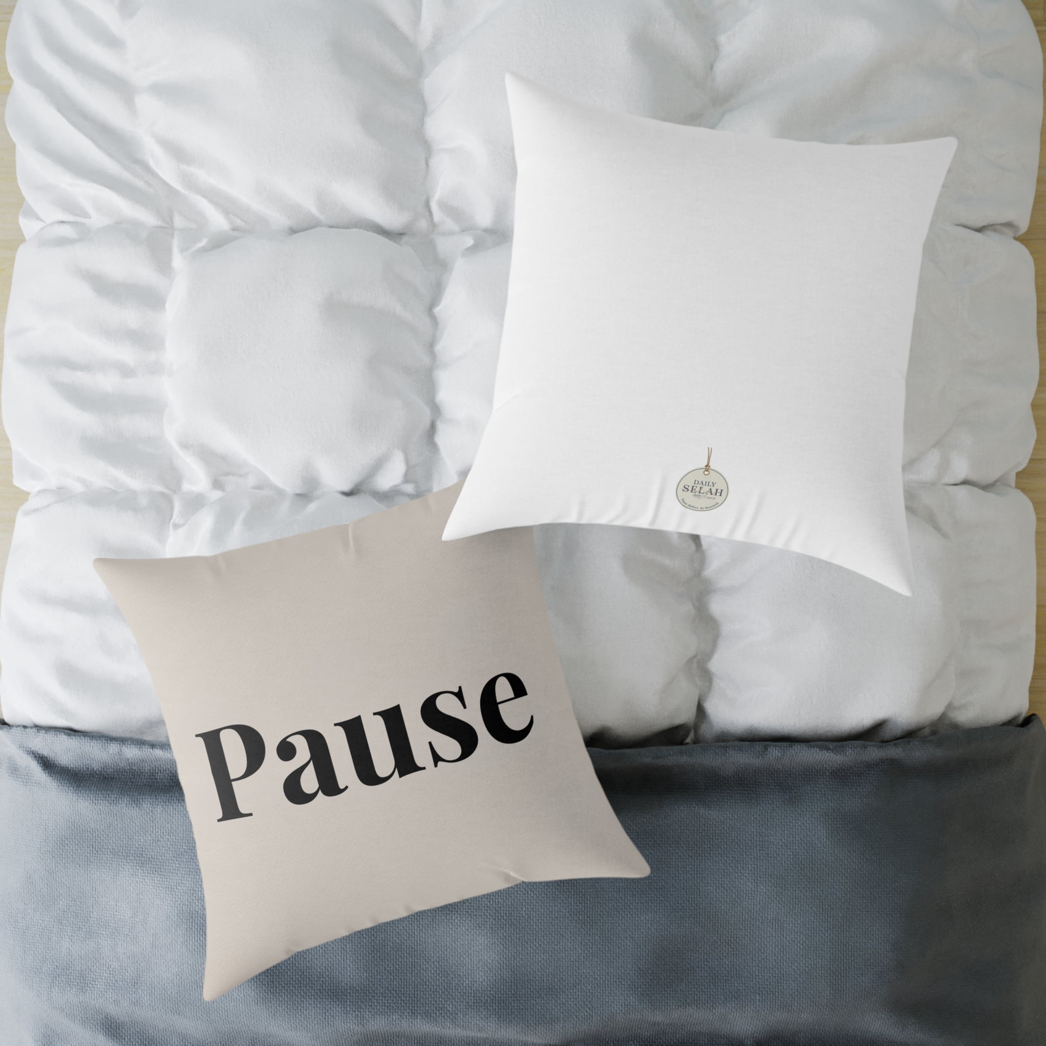 Pause Square Pillow – Minimalist Faith Inspired Neutral Canvas Throw Pillow with 'Pause' Typography