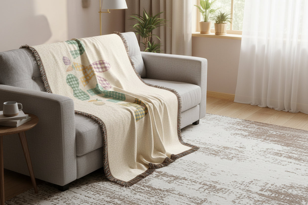 Mama Patchwork Woven Blanket — Cozy Mother's Day Throw with Heart & Floral Plaid Design