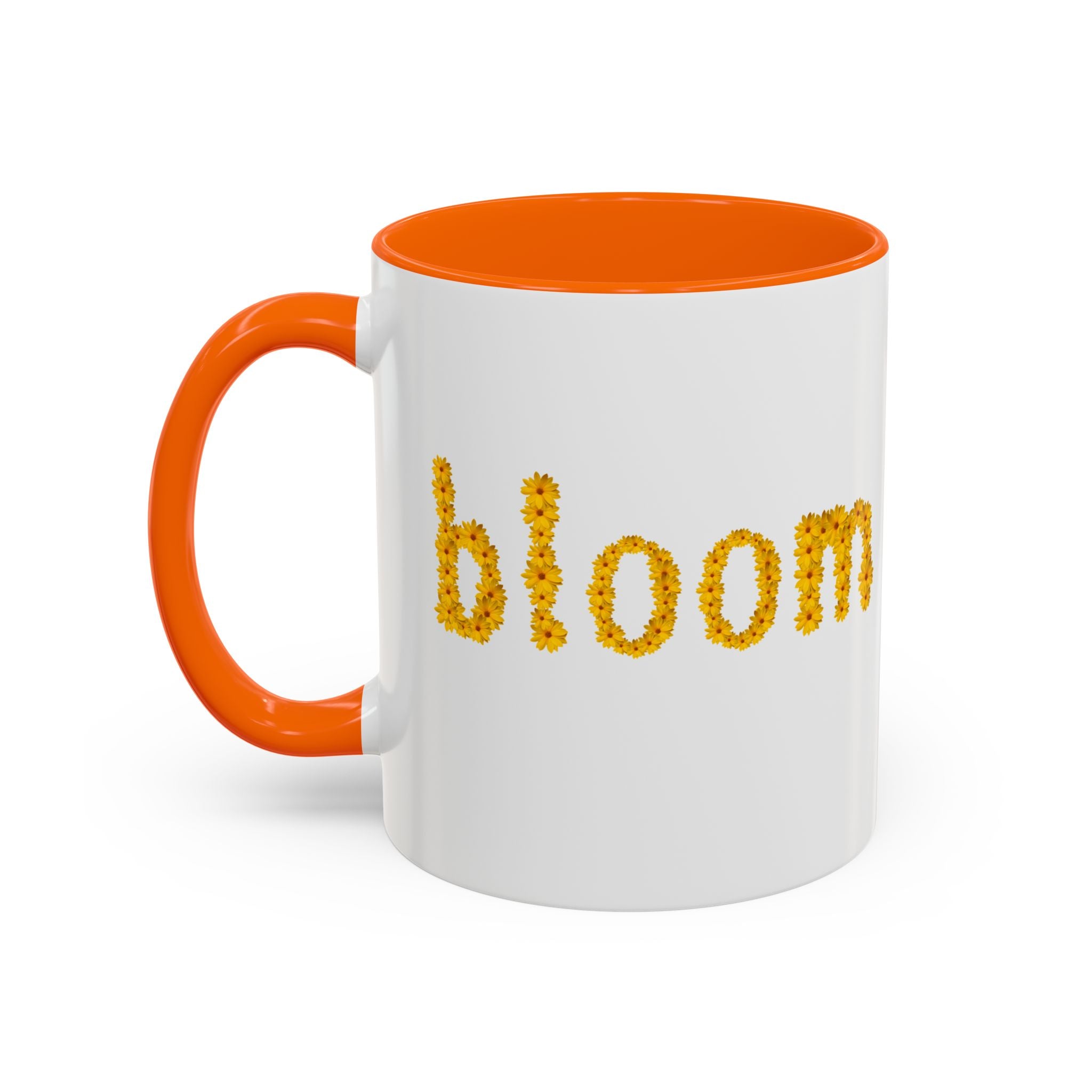 "bloom" floral text Coffee Mug | sunflower petal typography, white & black accent